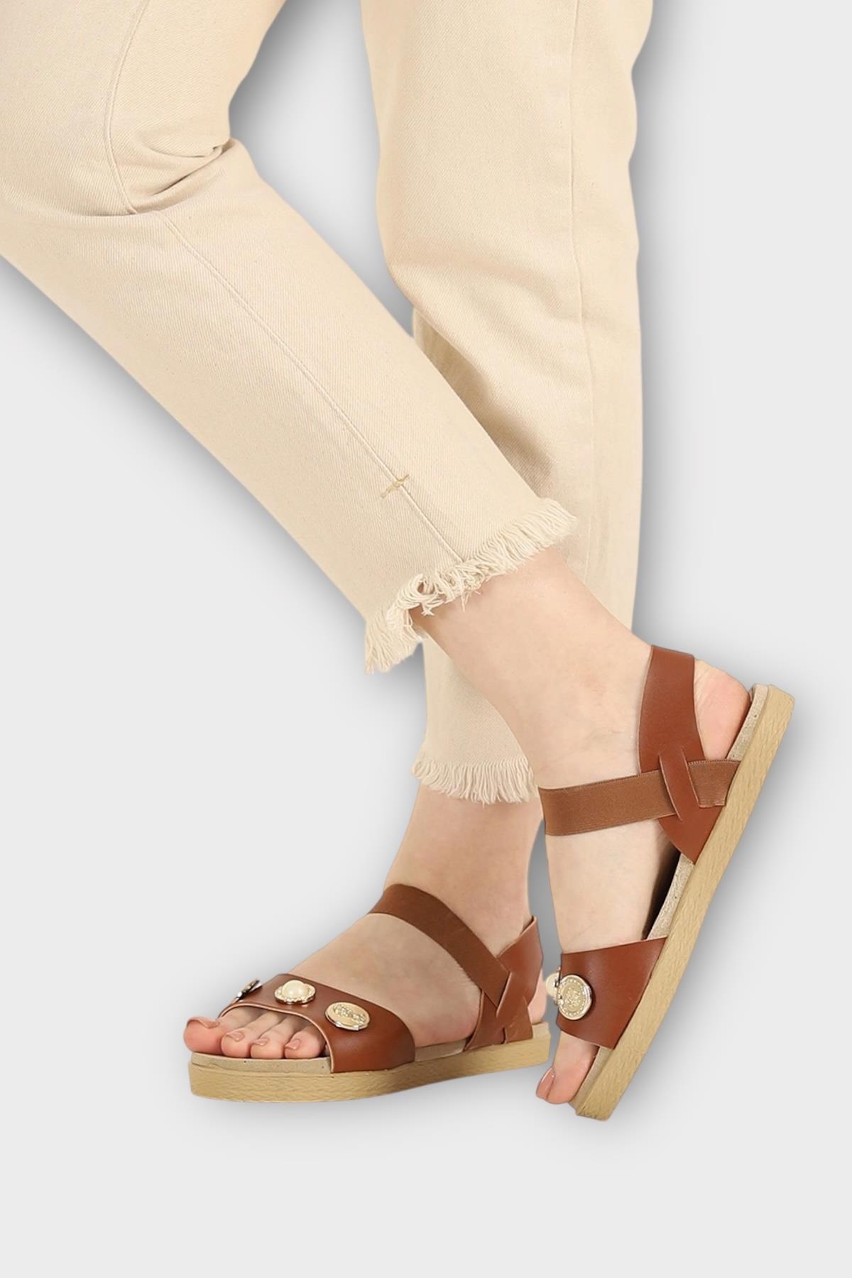 Kadın Tek Bant Aksesuarlı Bilek Lastik Detaylı Sandalet TABA - Görsel 5