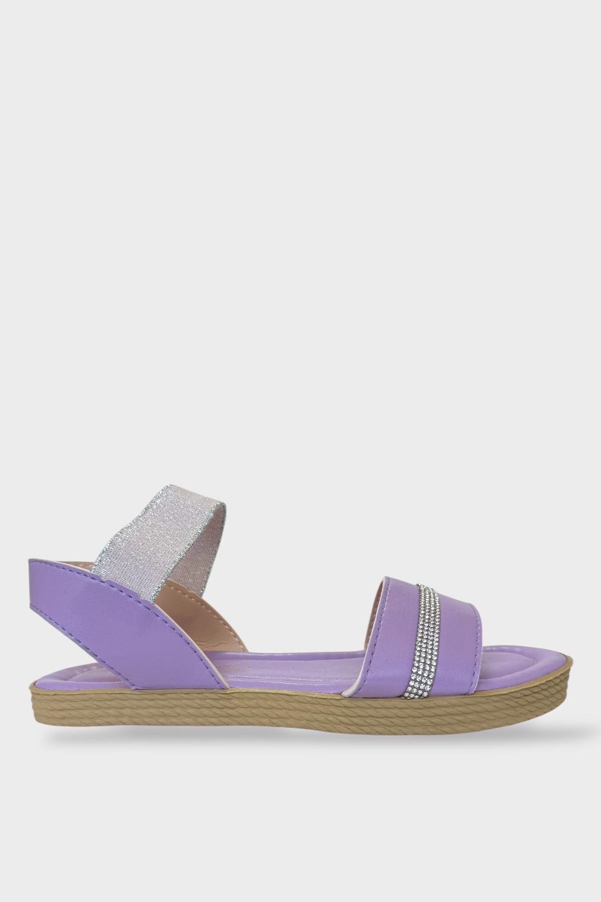 Kadın Taşlı Tek Bant Lastik Detaylı Sandalet Lila - Görsel 2