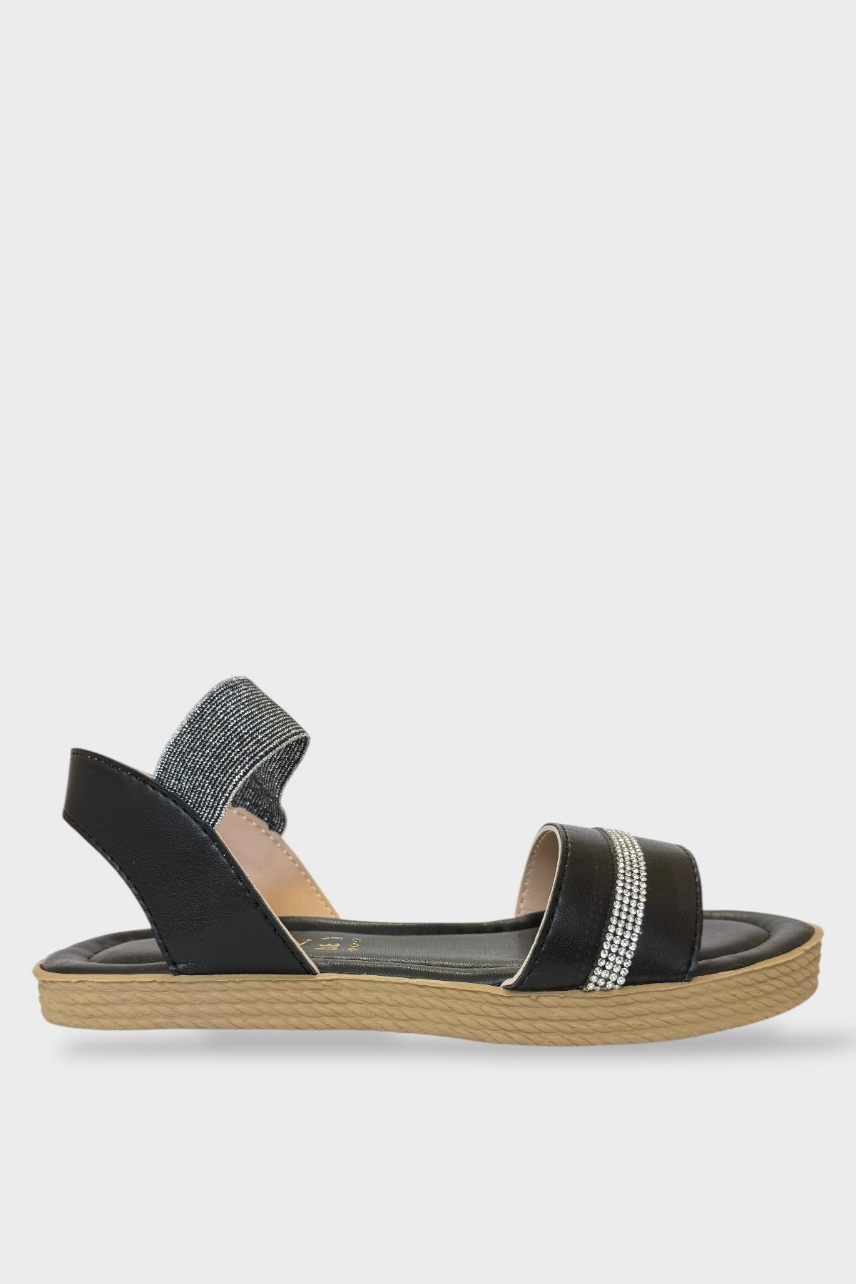 Kadın Taşlı Tek Bant Lastik Detaylı Sandalet SİYAH - Görsel 2