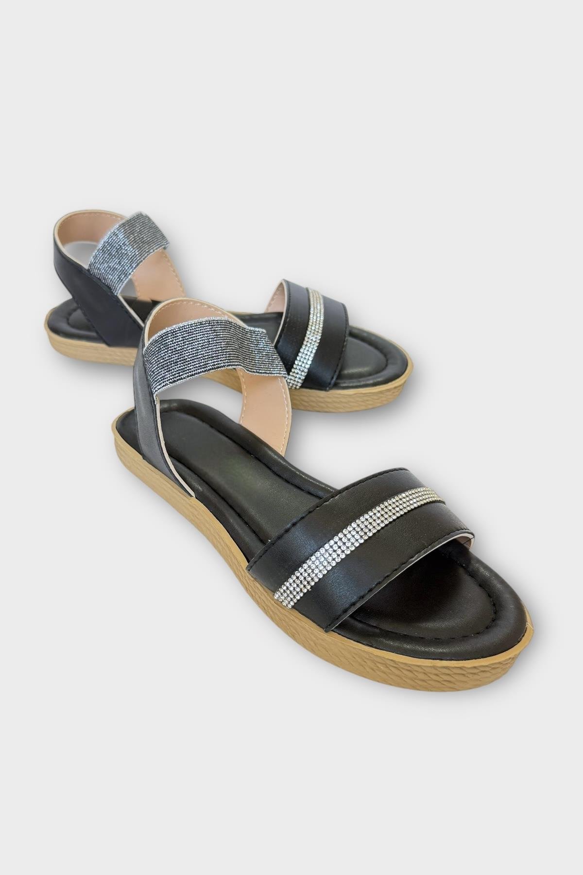 Kadın Taşlı Tek Bant Lastik Detaylı Sandalet SİYAH - Görsel 4