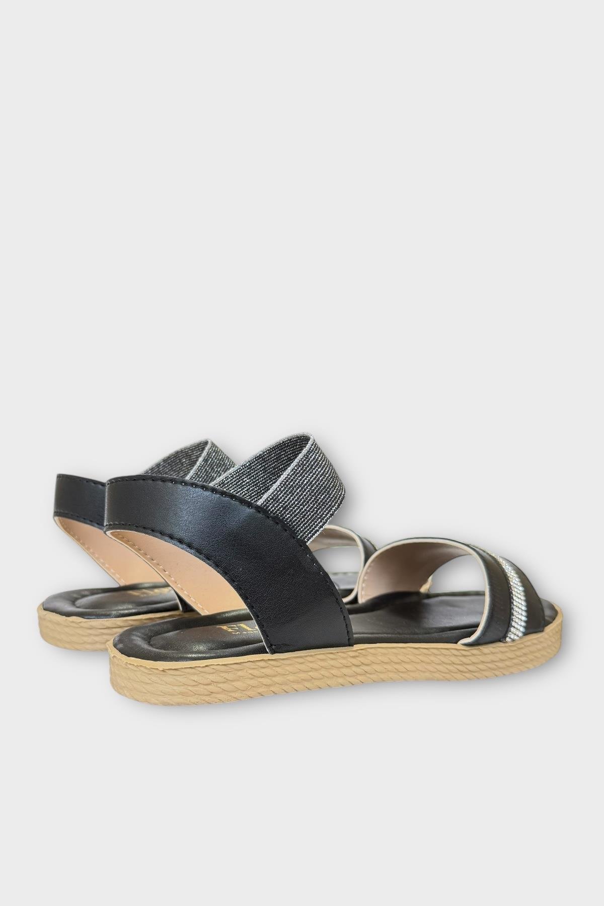Kadın Taşlı Tek Bant Lastik Detaylı Sandalet SİYAH - Görsel 5