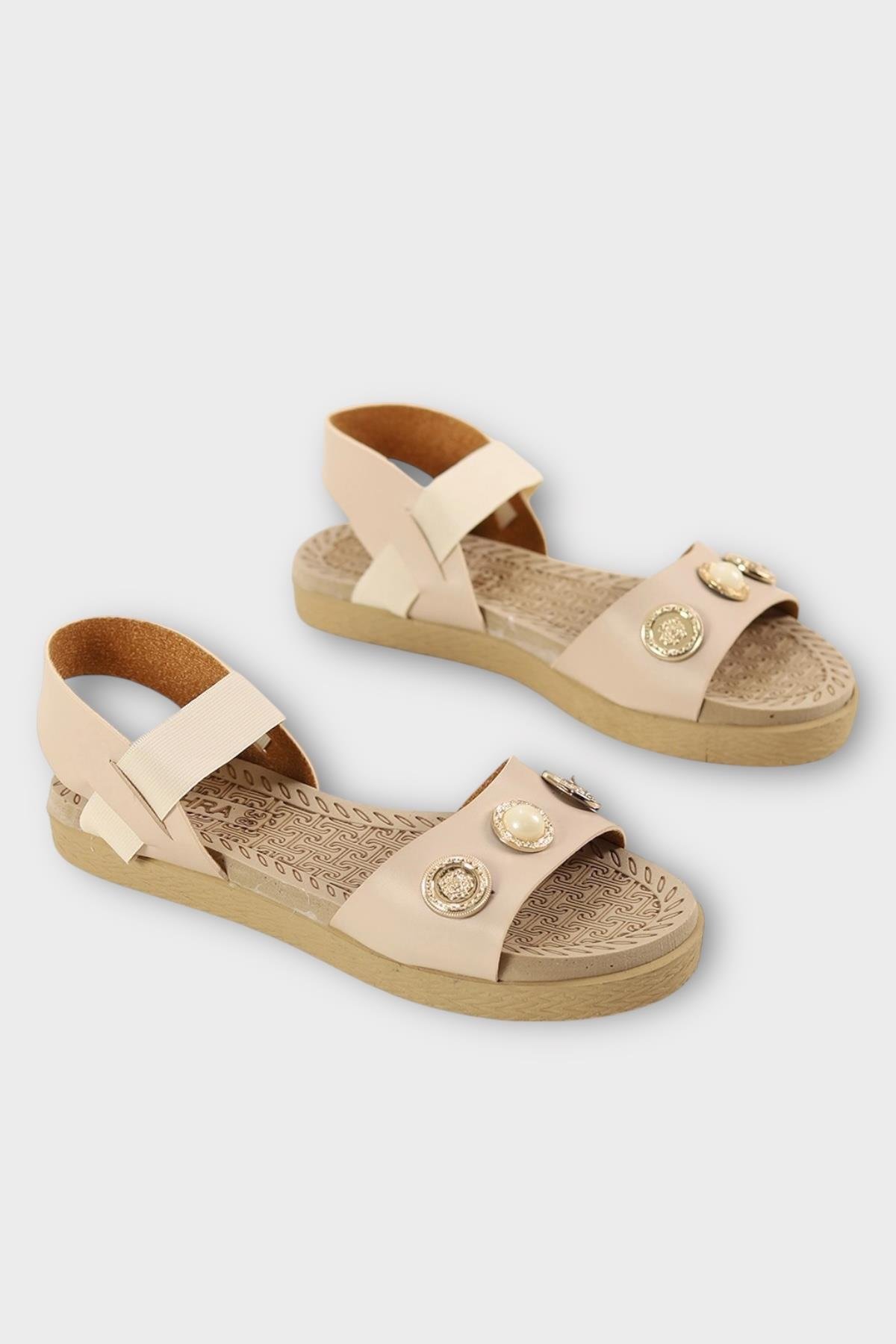 Kadın Tek Bant Aksesuarlı Bilek Lastik Detaylı Sandalet BEJ - Görsel 6