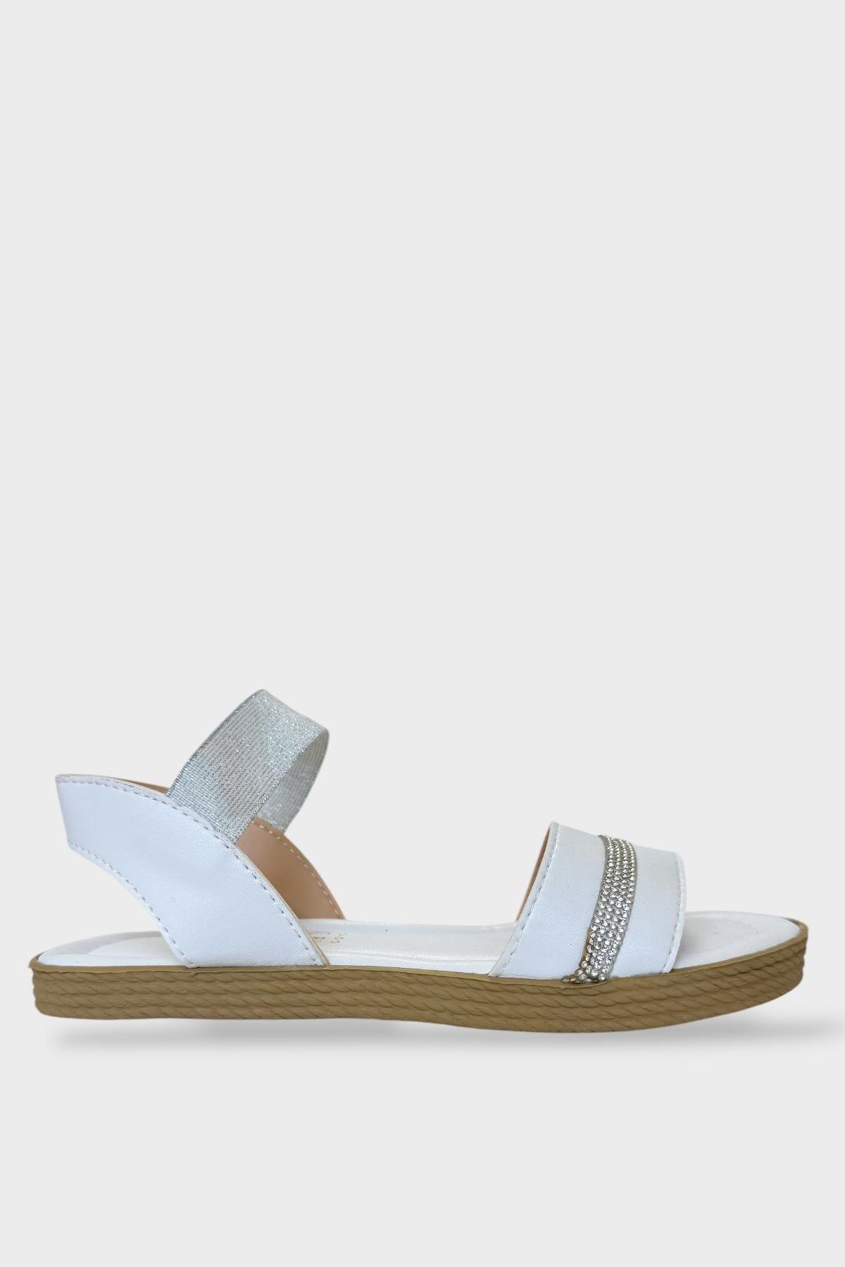 Kadın Taşlı Tek Bant Lastik Detaylı Sandalet BEYAZ - Görsel 2