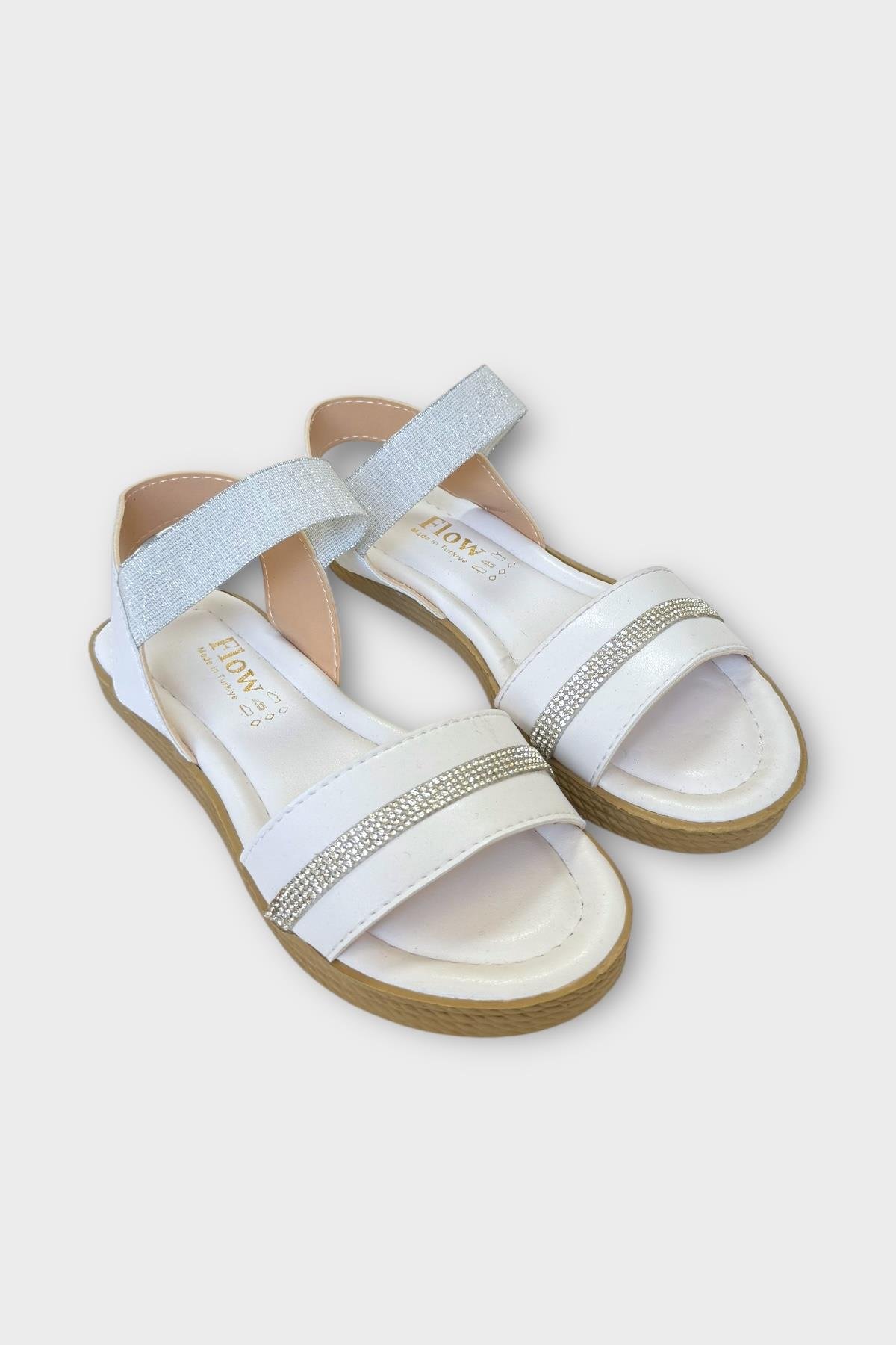 Kadın Taşlı Tek Bant Lastik Detaylı Sandalet BEYAZ - Görsel 4