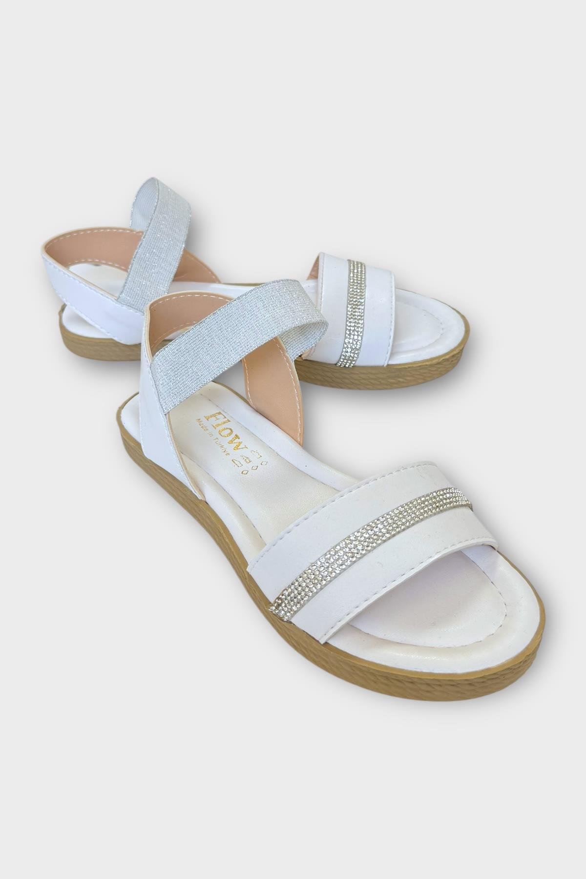 Kadın Taşlı Tek Bant Lastik Detaylı Sandalet BEYAZ - Görsel 5