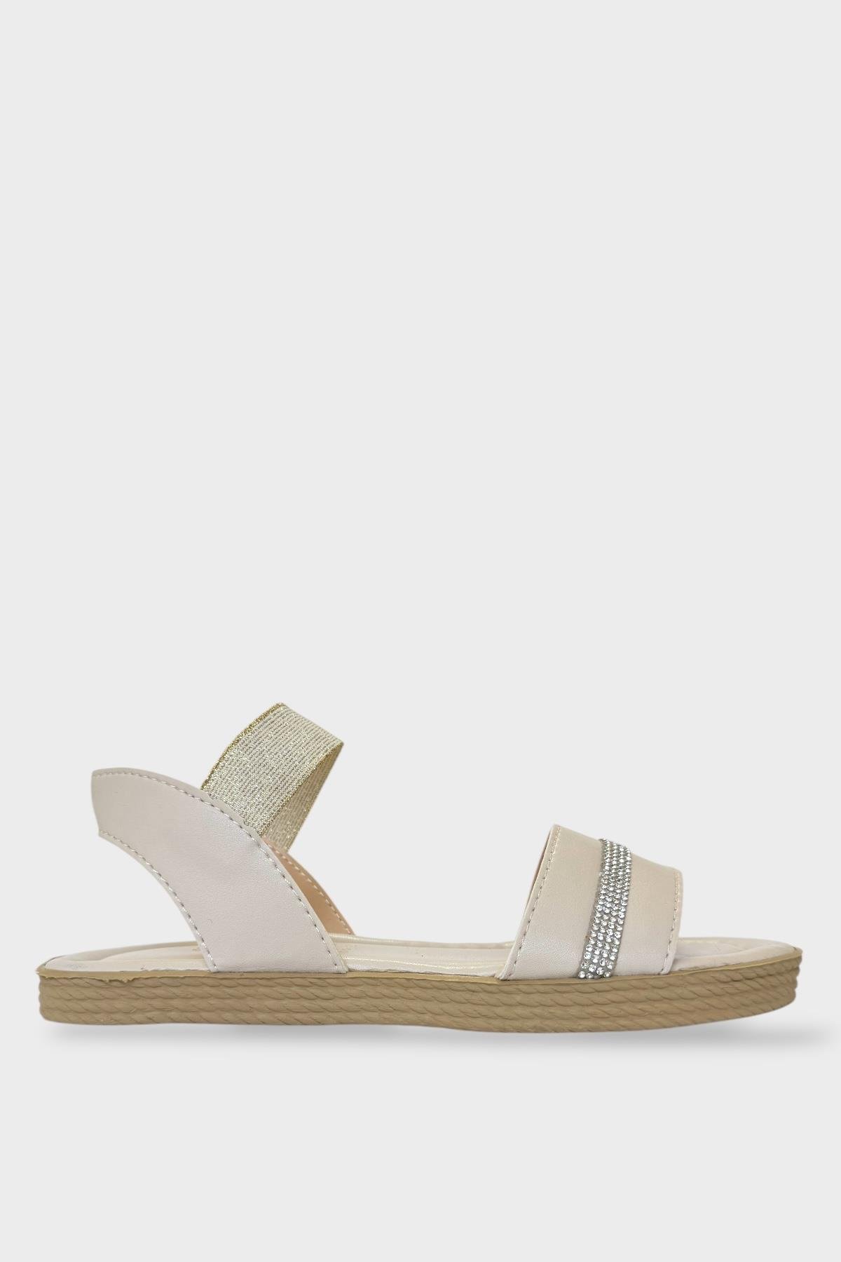 Kadın Taşlı Tek Bant Lastik Detaylı Sandalet KREM - Görsel 2