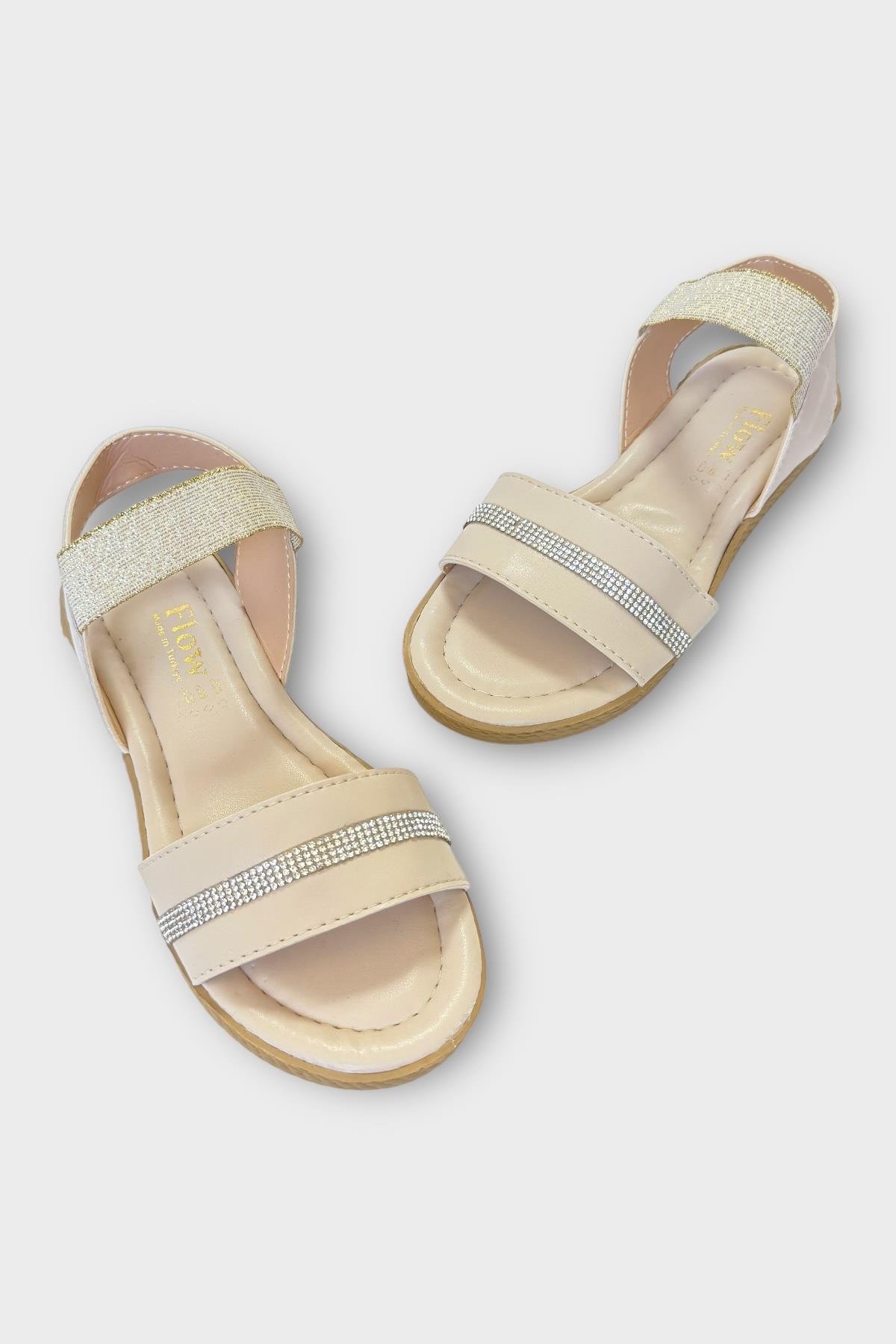 Kadın Taşlı Tek Bant Lastik Detaylı Sandalet KREM - Görsel 3