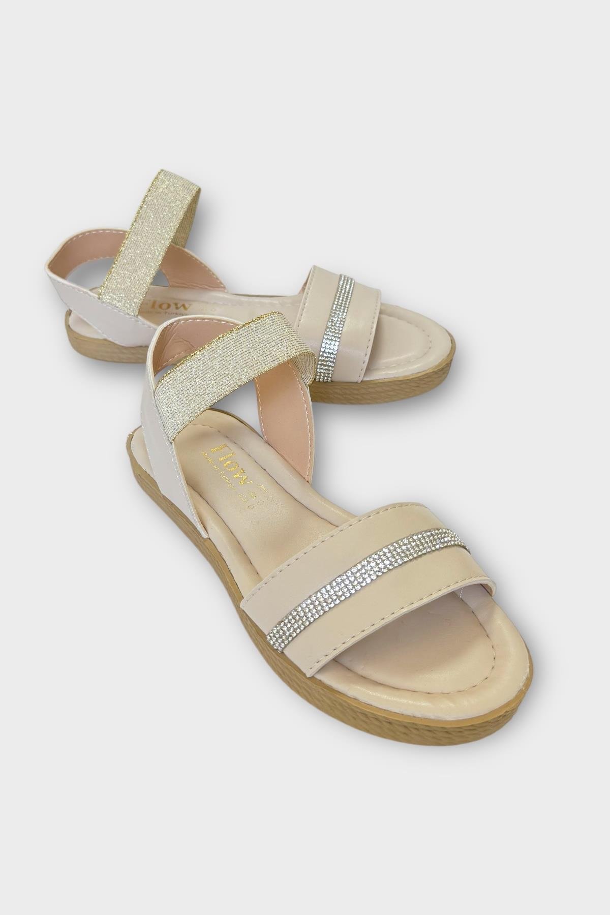 Kadın Taşlı Tek Bant Lastik Detaylı Sandalet KREM - Görsel 4