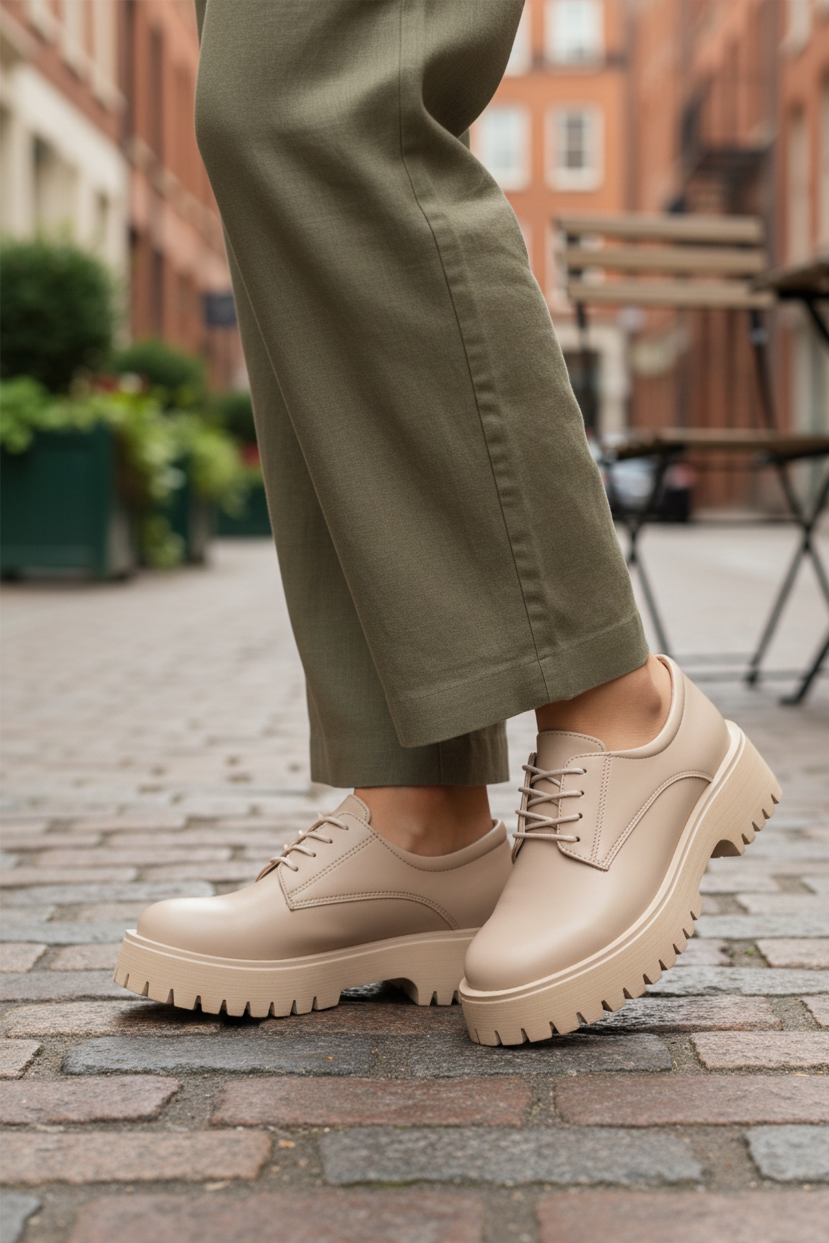 Bej Cilt Kalın Taban Kadın Casual Ayakkabı 572451 Z - Görsel 4