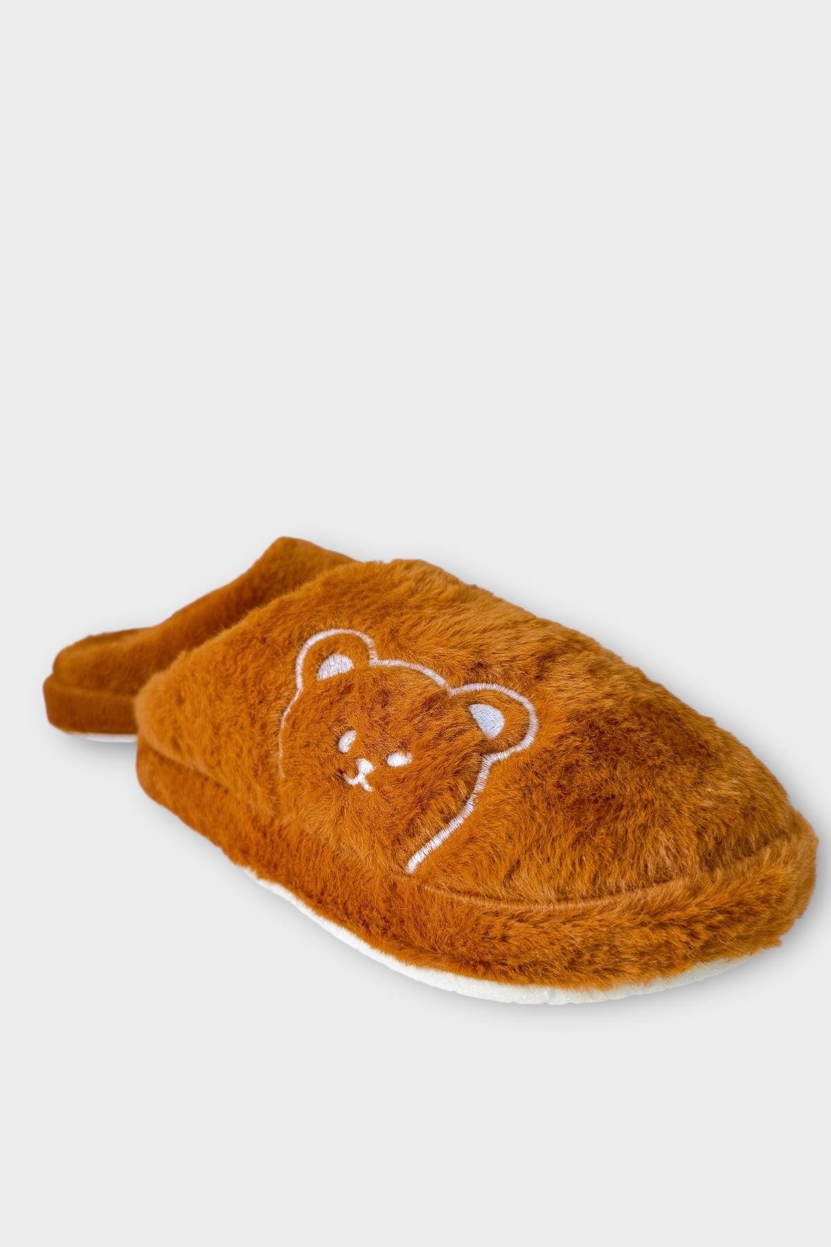 Önü Kapalı Ayıcık Baskılı Peluş Kadın Ev Terliği TABA - Görsel 3