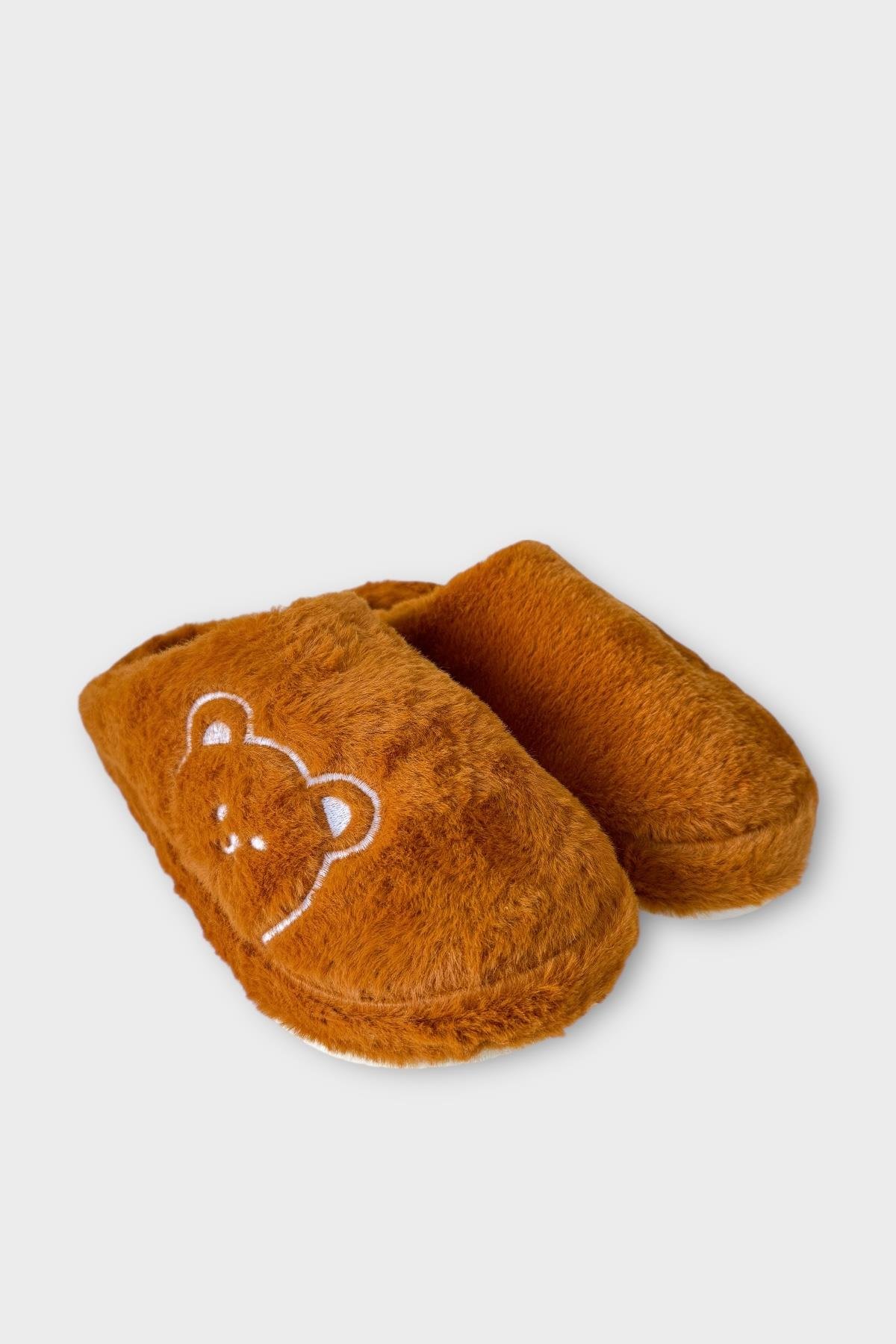 Önü Kapalı Ayıcık Baskılı Peluş Kadın Ev Terliği TABA - Görsel 4