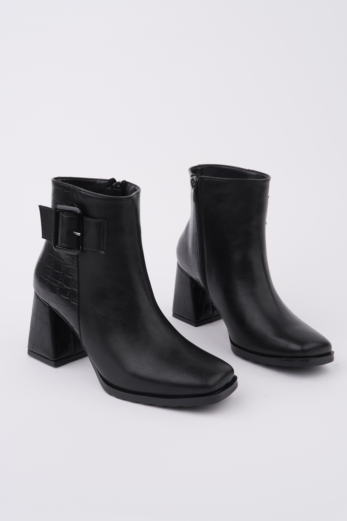 CANDORA Sivri Burun Kroko Desenli Toka Detaylı Kalın Topuklu Fermuarlı Kadın Bot - Görsel 6