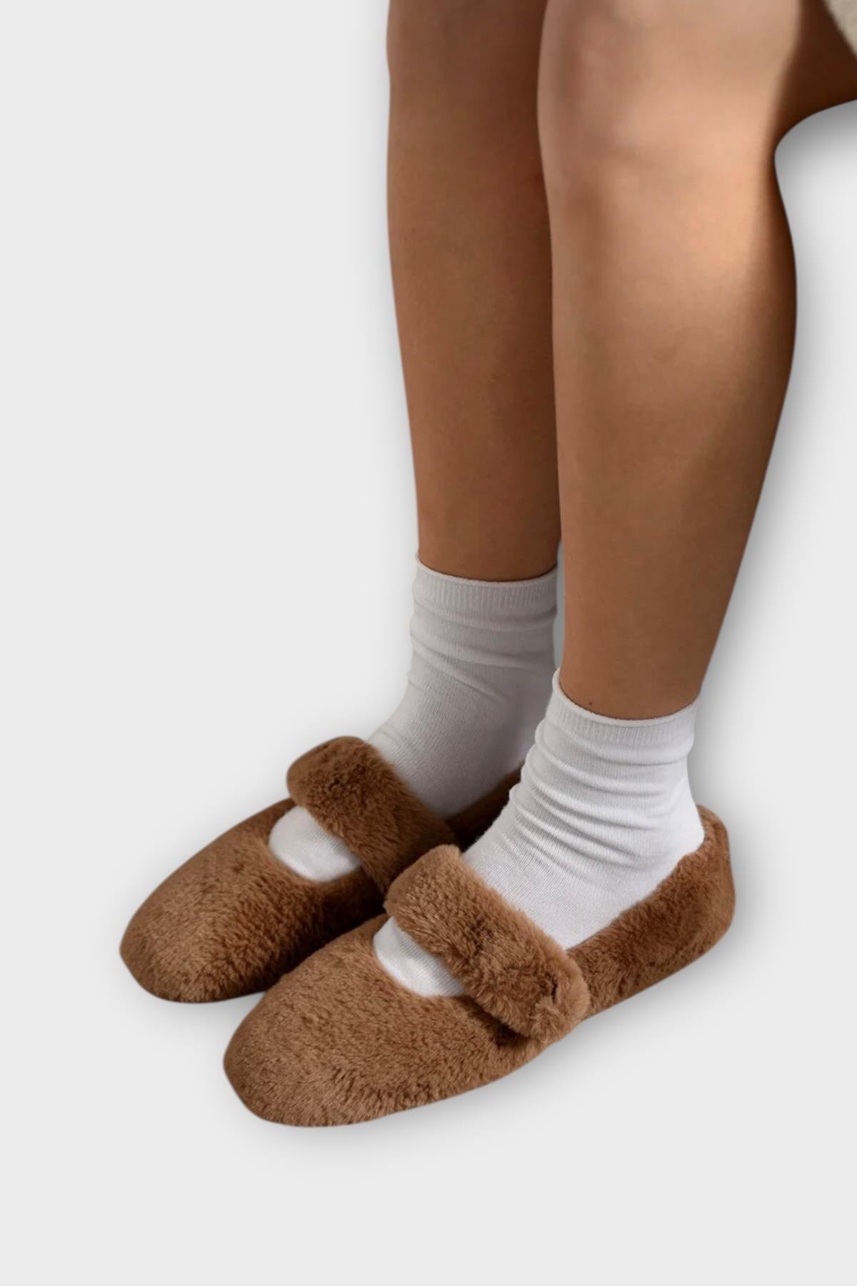 Tüylü Tek Kemer Cırtlı Panduf Kadın Ev Babeti KAHVERENGİ - Görsel 2