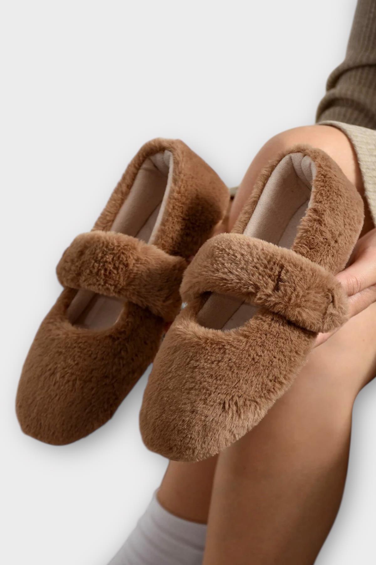 Tüylü Tek Kemer Cırtlı Panduf Kadın Ev Babeti KAHVERENGİ - Görsel 3