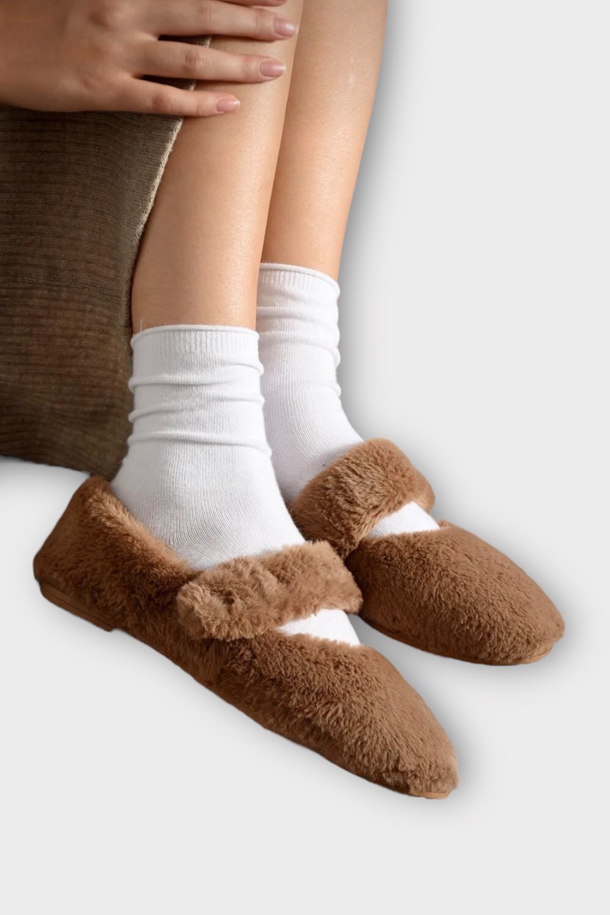 Tüylü Tek Kemer Cırtlı Panduf Kadın Ev Babeti KAHVERENGİ - Görsel 4