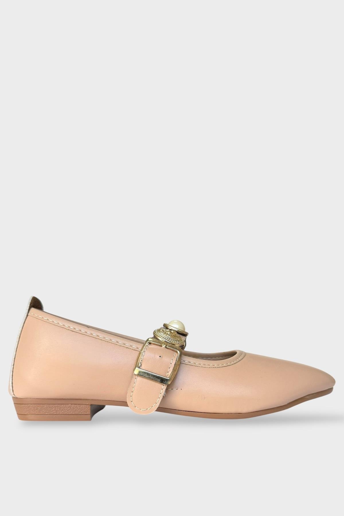 Kadın İnci ve Mühür Aksesuar Bantlı Babet BEJ - Görsel 2