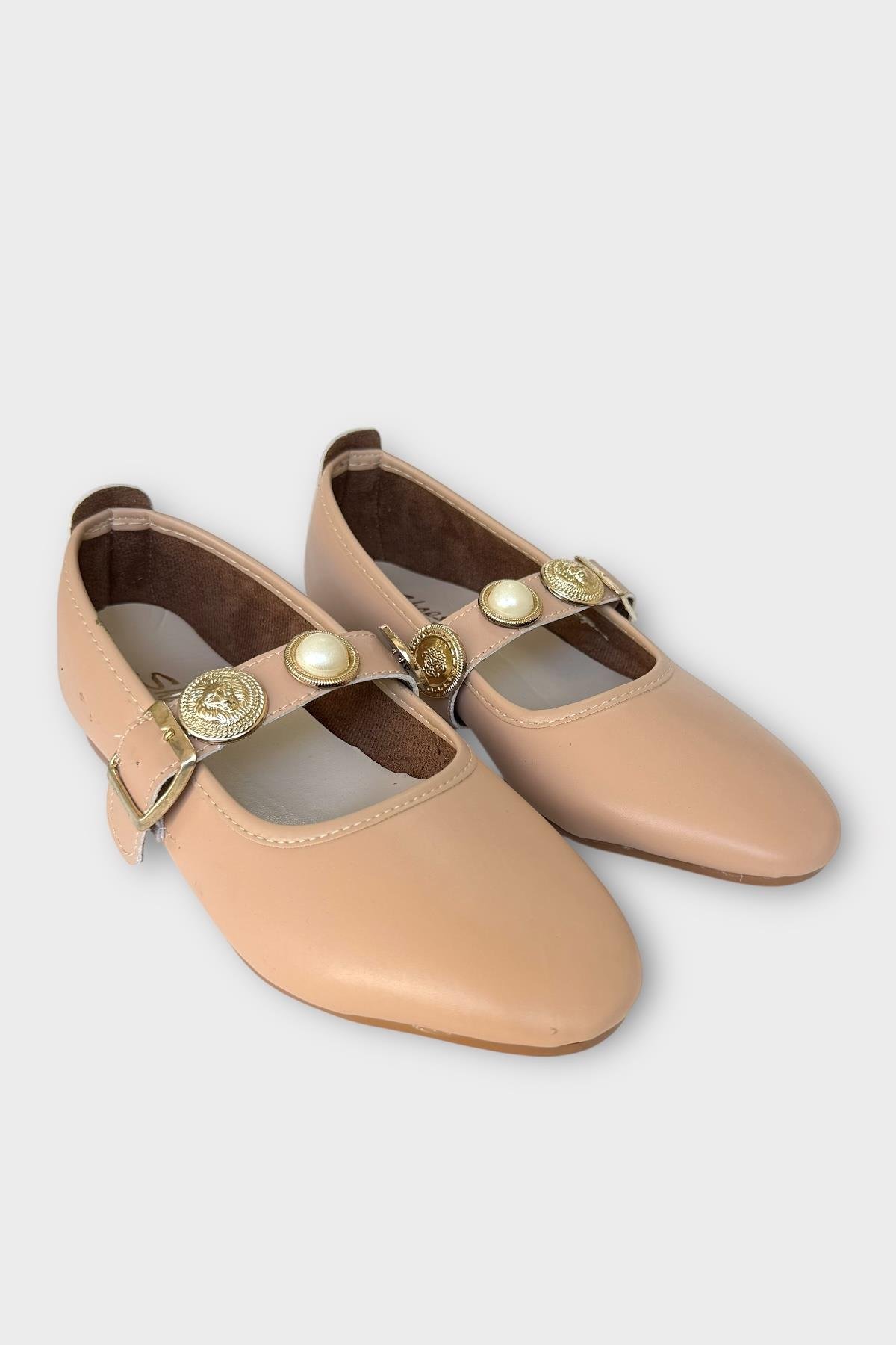 Kadın İnci ve Mühür Aksesuar Bantlı Babet BEJ - Görsel 3