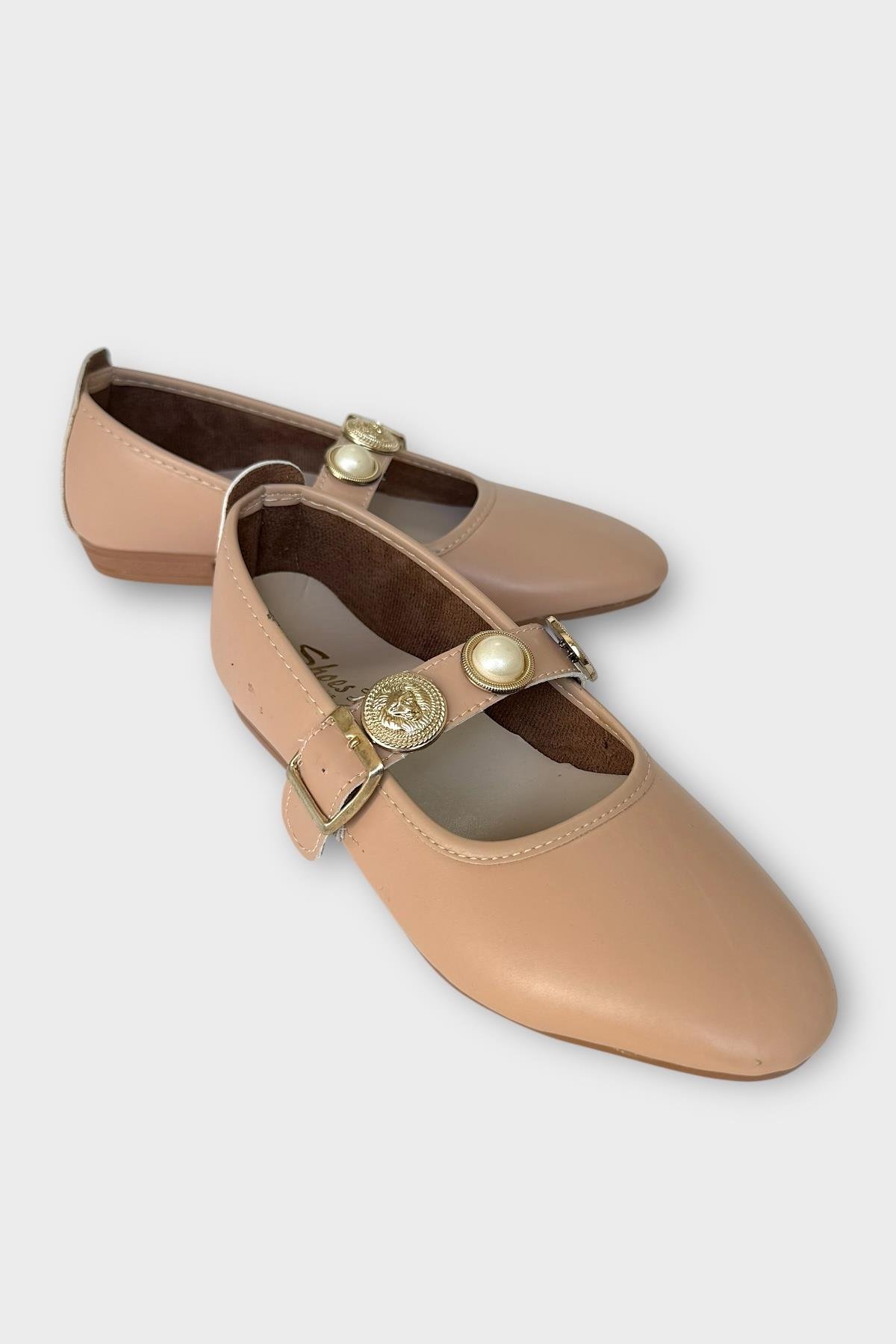 Kadın İnci ve Mühür Aksesuar Bantlı Babet BEJ - Görsel 5