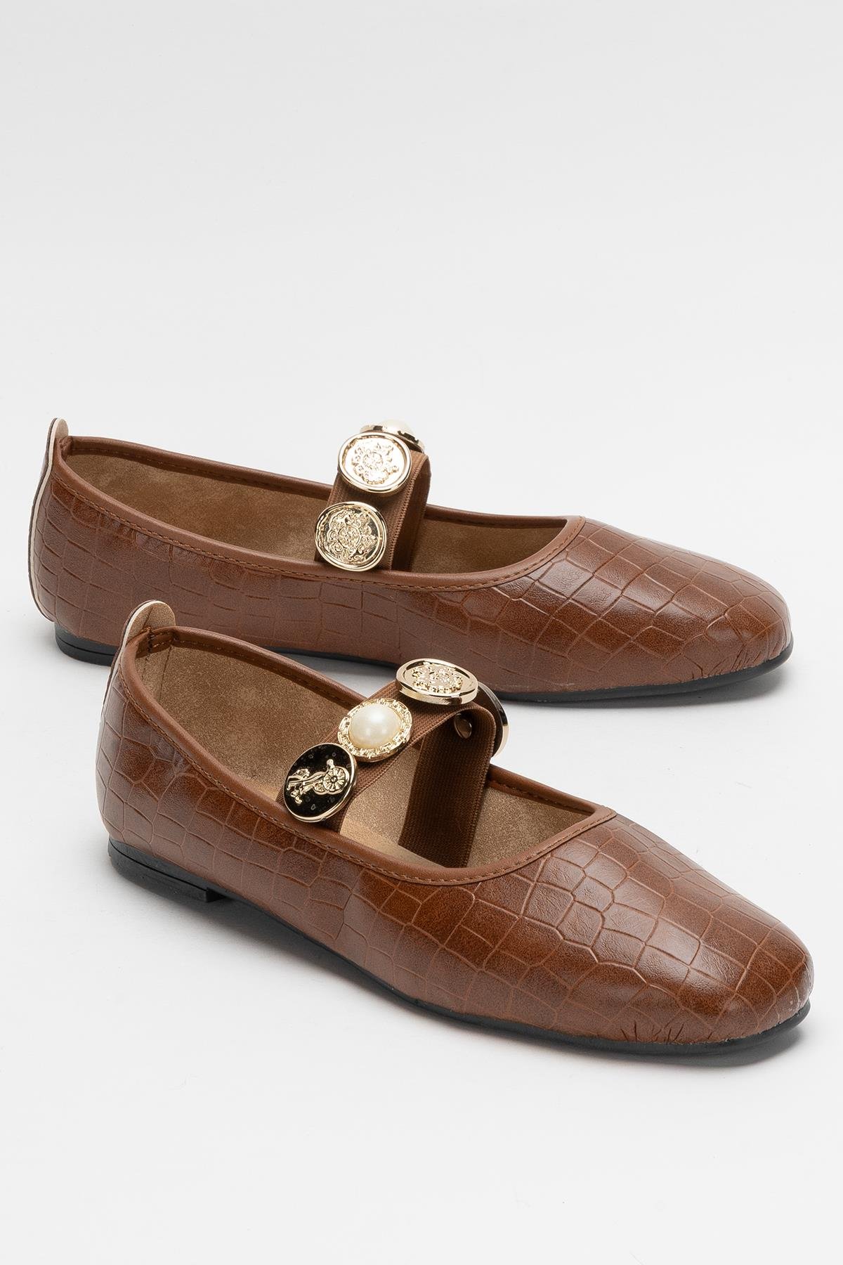 Kadın Oval Burun Aksesuar Bantlı Babet Ayakkabı TABA - ALTIN - Görsel 2