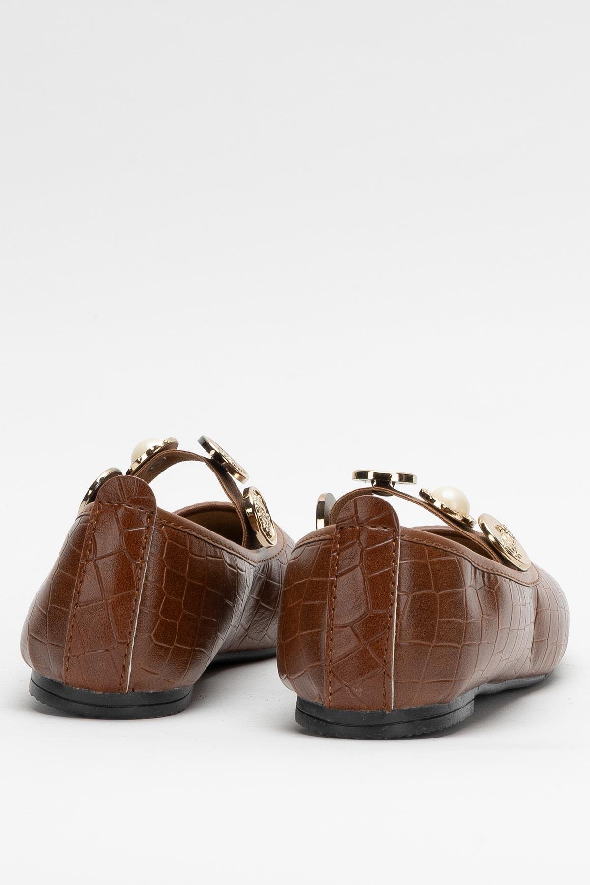 Kadın Oval Burun Aksesuar Bantlı Babet Ayakkabı TABA - ALTIN - Görsel 4