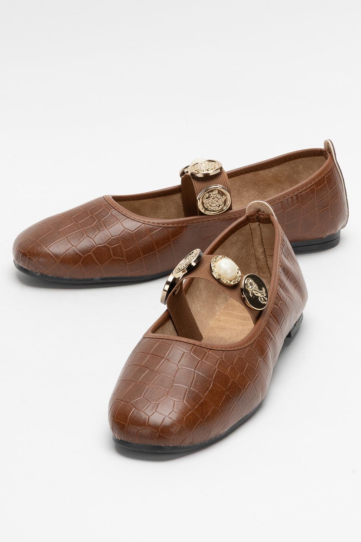 Kadın Oval Burun Aksesuar Bantlı Babet Ayakkabı TABA - ALTIN - Görsel 5