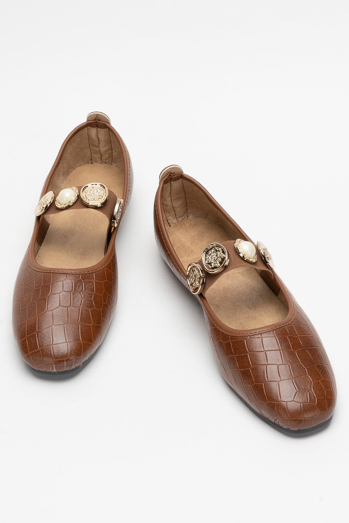 Kadın Oval Burun Aksesuar Bantlı Babet Ayakkabı TABA - ALTIN - Görsel 6