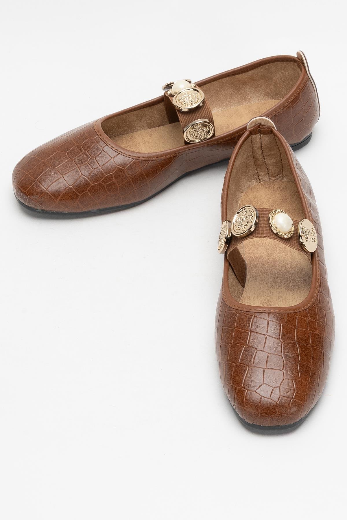 Kadın Oval Burun Aksesuar Bantlı Babet Ayakkabı TABA - ALTIN - Görsel 7