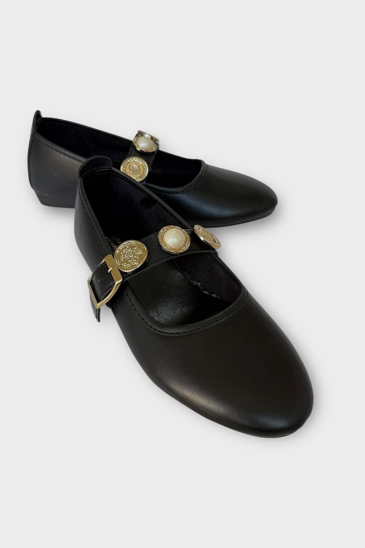 Kadın İnci ve Mühür Aksesuar Bantlı Babet SİYAH - Görsel 4