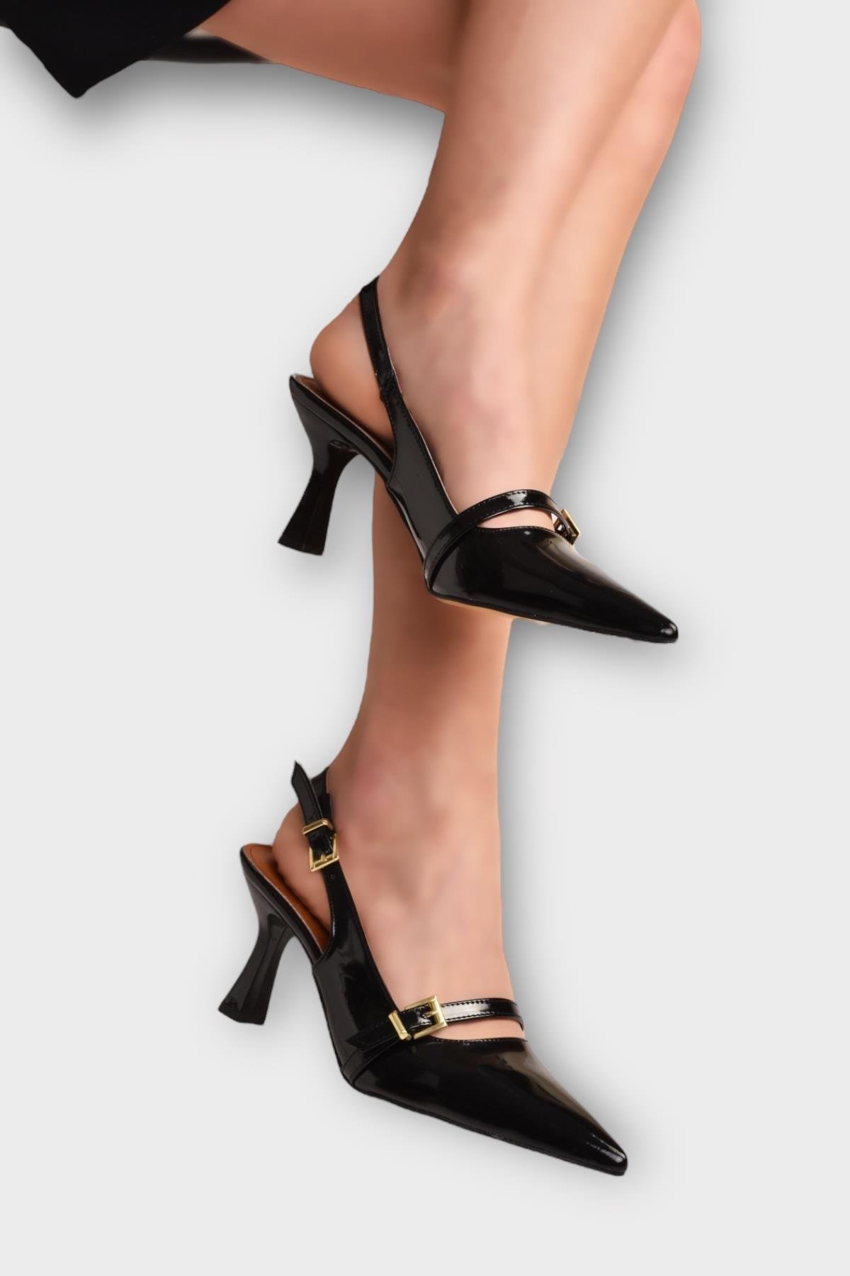 Kadın Tek Bant Tokalı Sivri Burun Arkası Açık Topuklu Ayakkabı SİYAH - Görsel 2