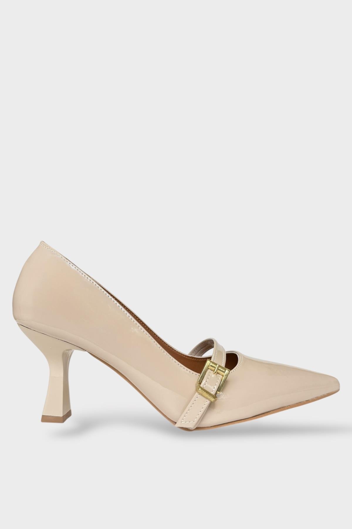 Kadın Tek Bant Tokalı Sivri Burun Topuklu Ayakkabı BEJ - Görsel 2