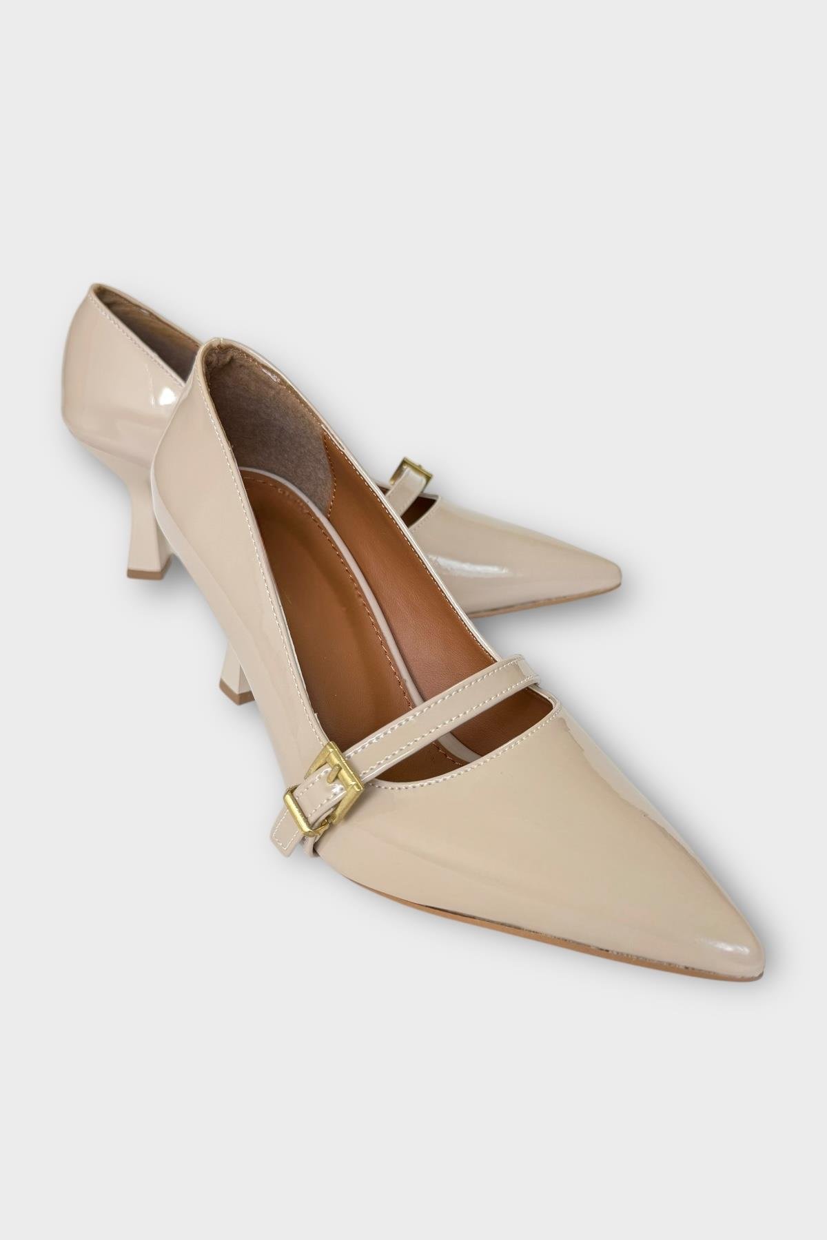 Kadın Tek Bant Tokalı Sivri Burun Topuklu Ayakkabı BEJ - Görsel 3