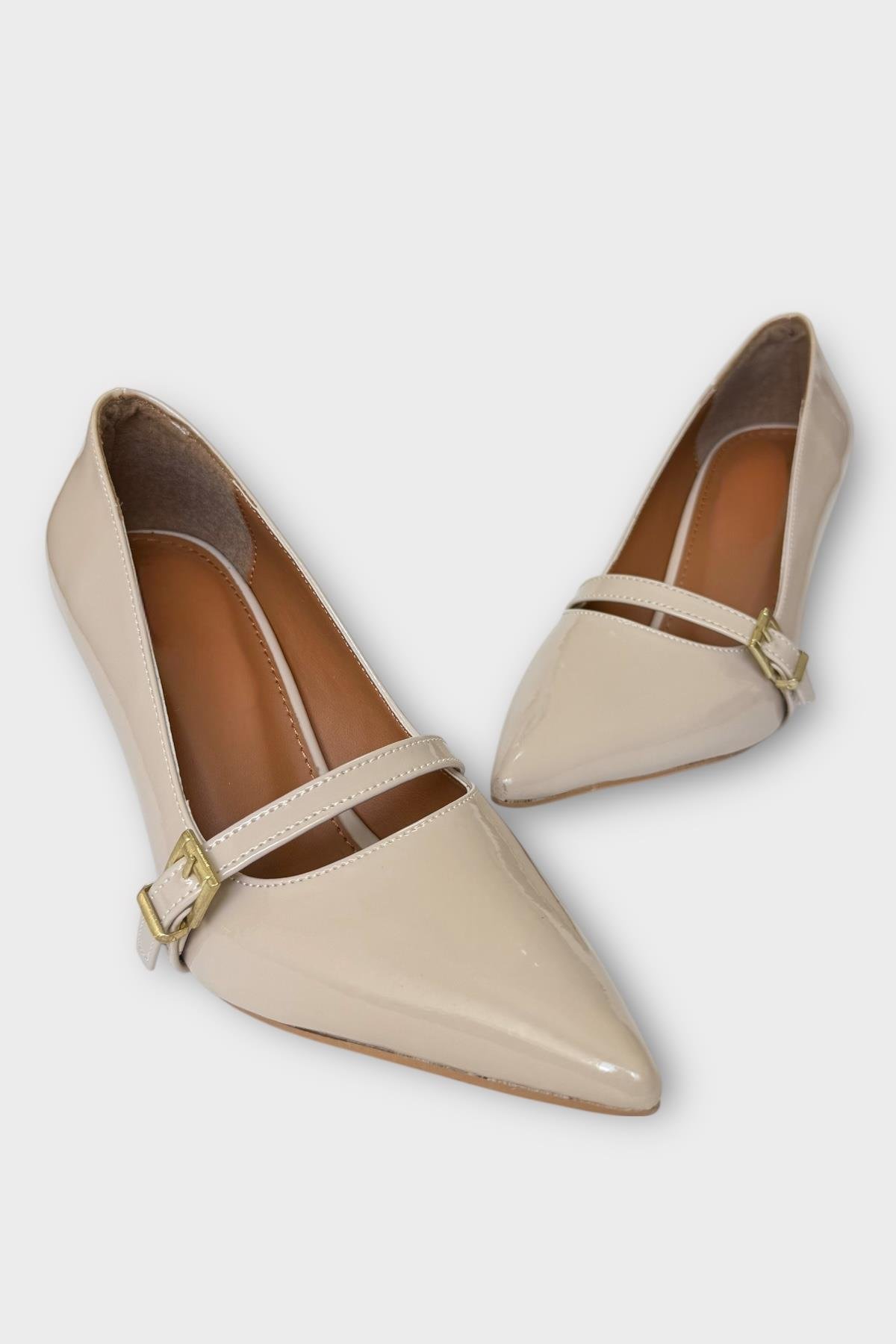 Kadın Tek Bant Tokalı Sivri Burun Topuklu Ayakkabı BEJ - Görsel 5