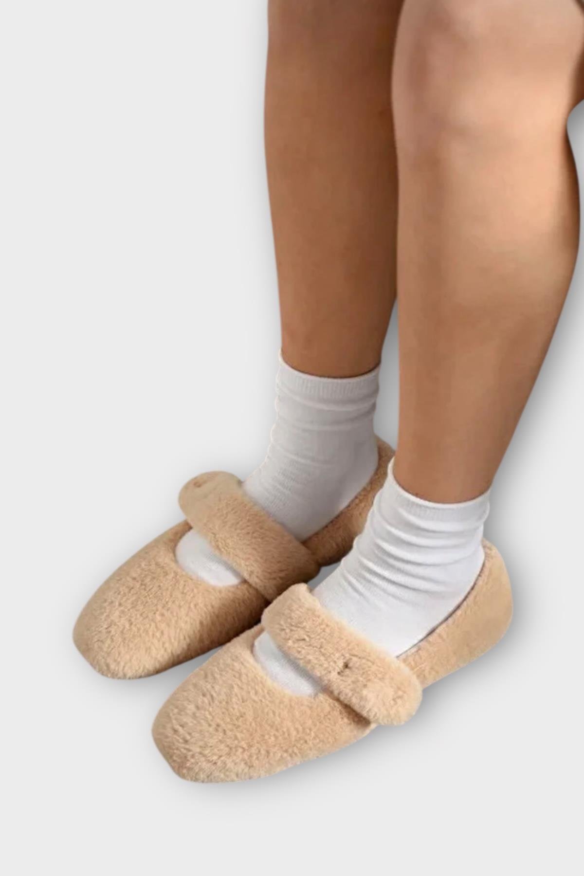 Tüylü Tek Kemer Cırtlı Panduf Kadın Ev Babeti BEJ - Görsel 2