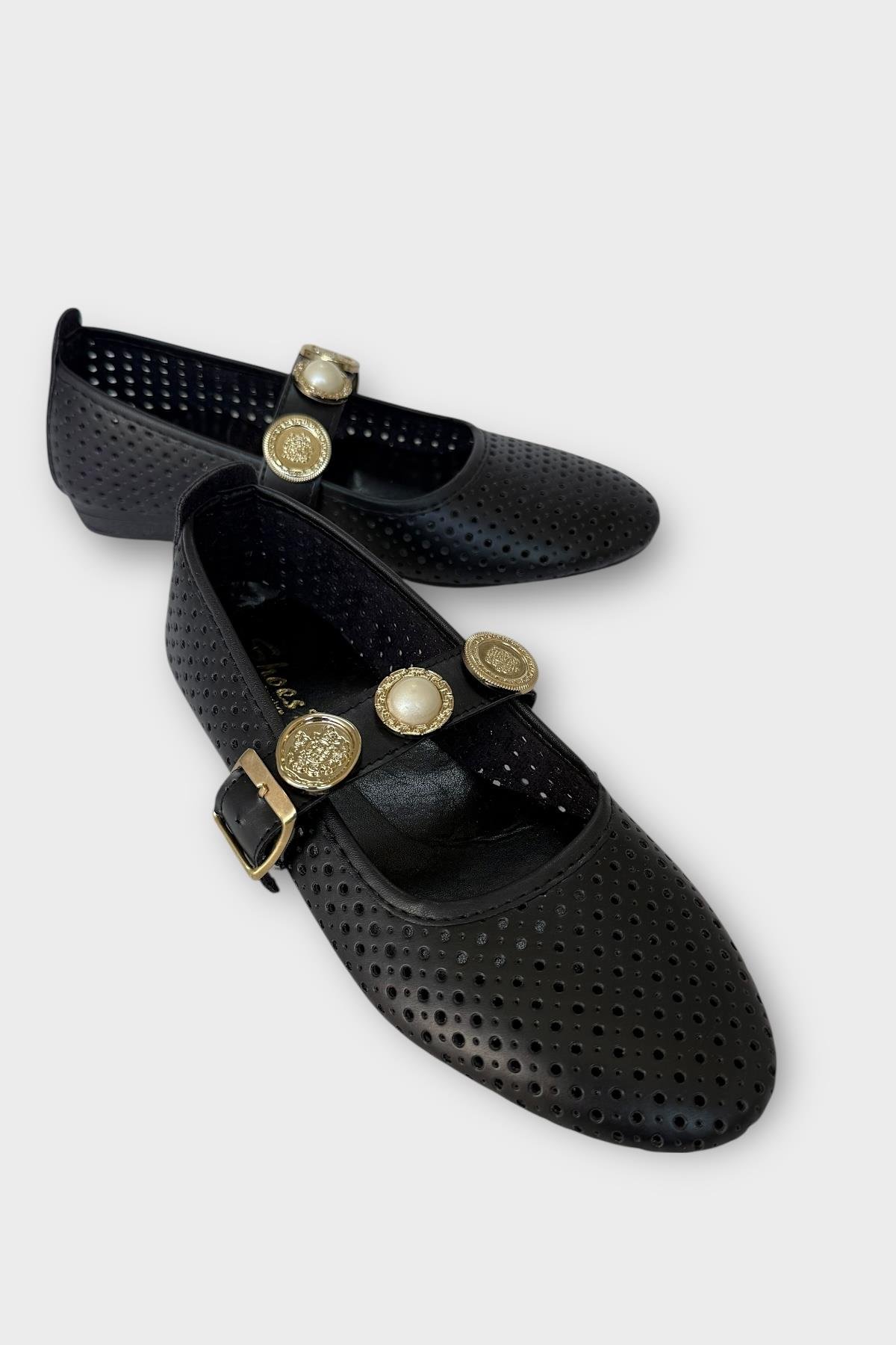 Kadın İnci ve Mühür Aksesuar Bantlı Babet SİYAH - ALTIN - Görsel 3