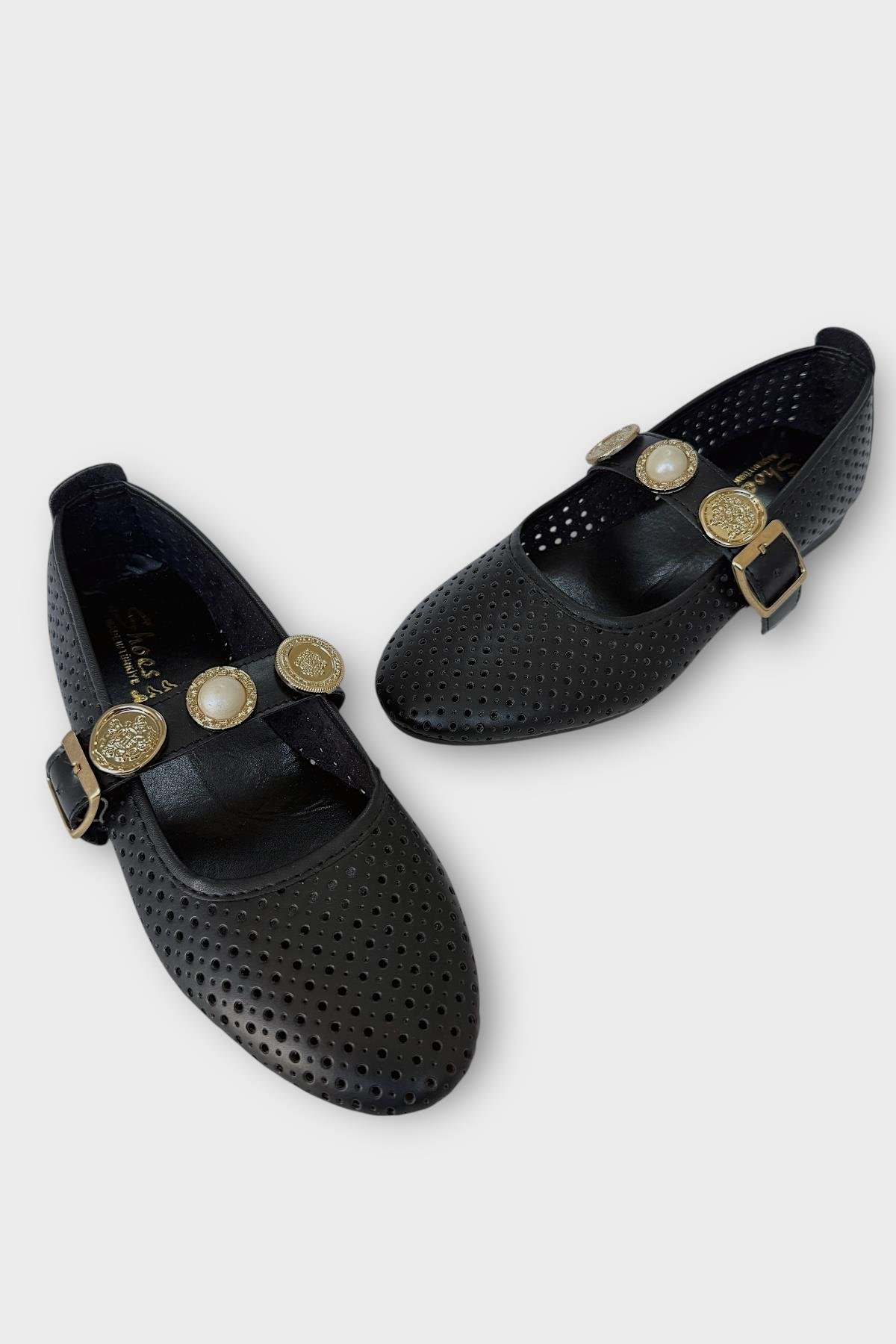 Kadın İnci ve Mühür Aksesuar Bantlı Babet SİYAH - ALTIN - Görsel 4