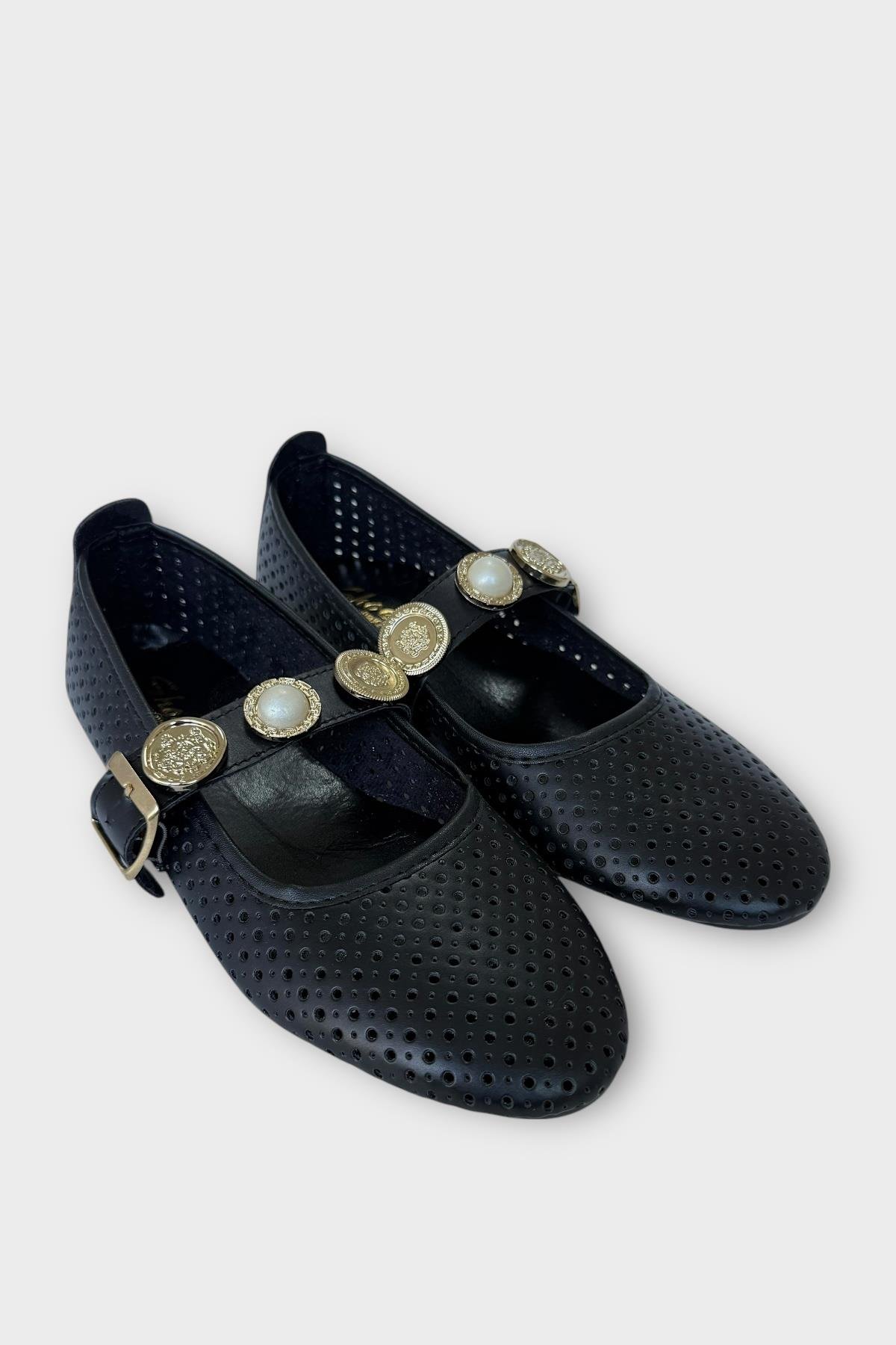 Kadın İnci ve Mühür Aksesuar Bantlı Babet SİYAH - ALTIN - Görsel 5