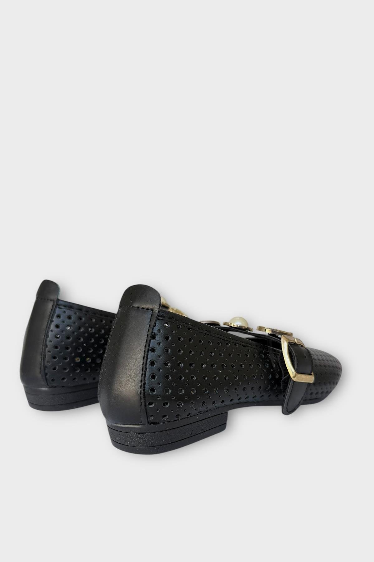 Kadın İnci ve Mühür Aksesuar Bantlı Babet SİYAH - ALTIN - Görsel 6