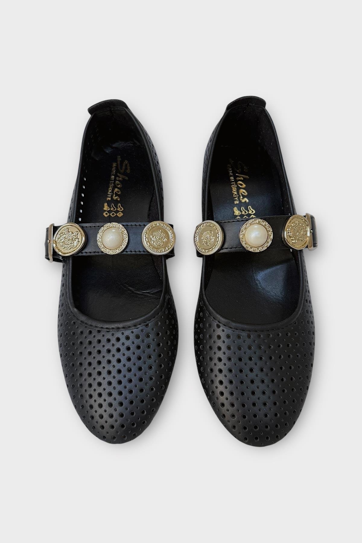 Kadın İnci ve Mühür Aksesuar Bantlı Babet SİYAH - ALTIN - Görsel 7