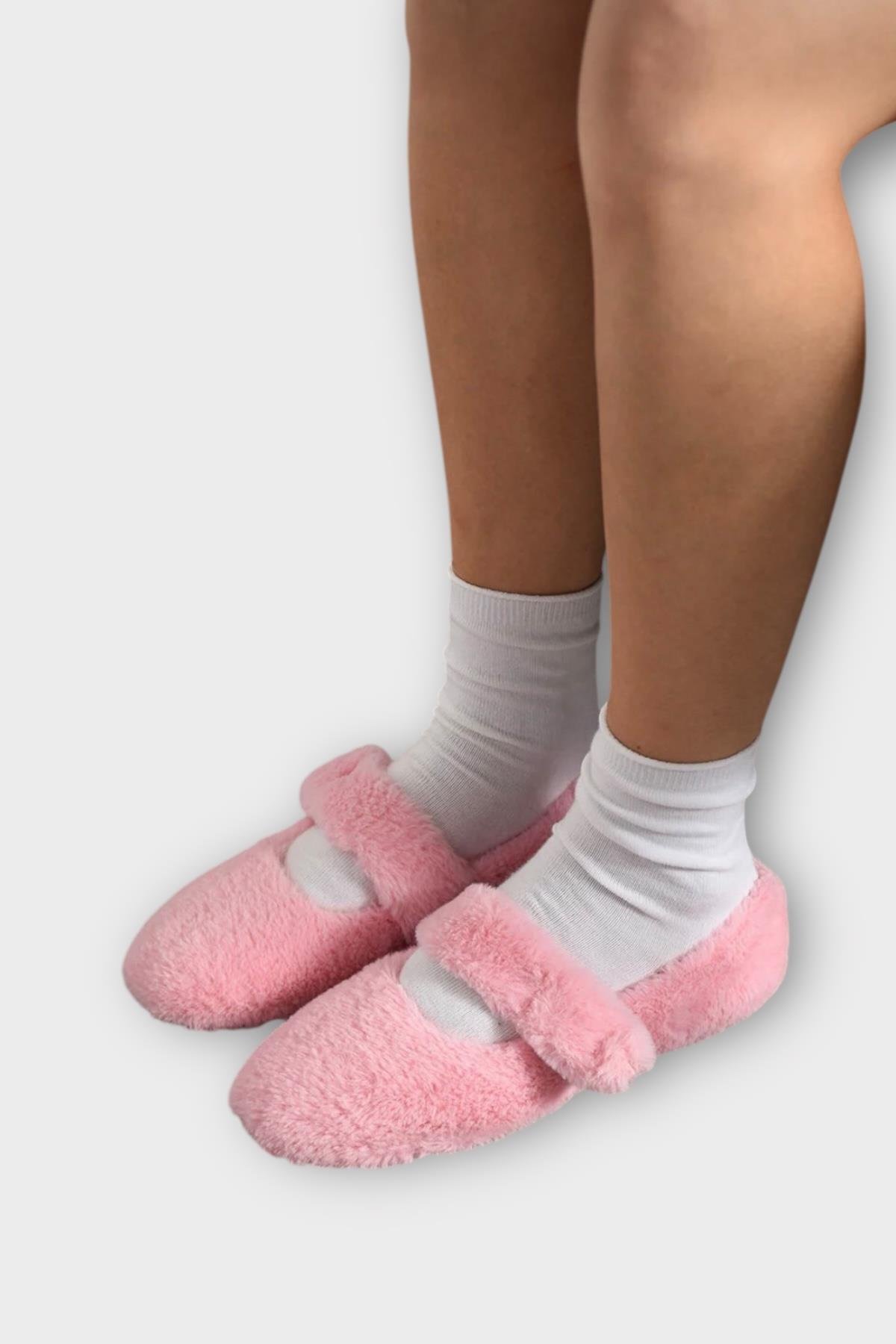 Tüylü Tek Kemer Cırtlı Panduf Kadın Ev Babeti PEMBE - Görsel 2