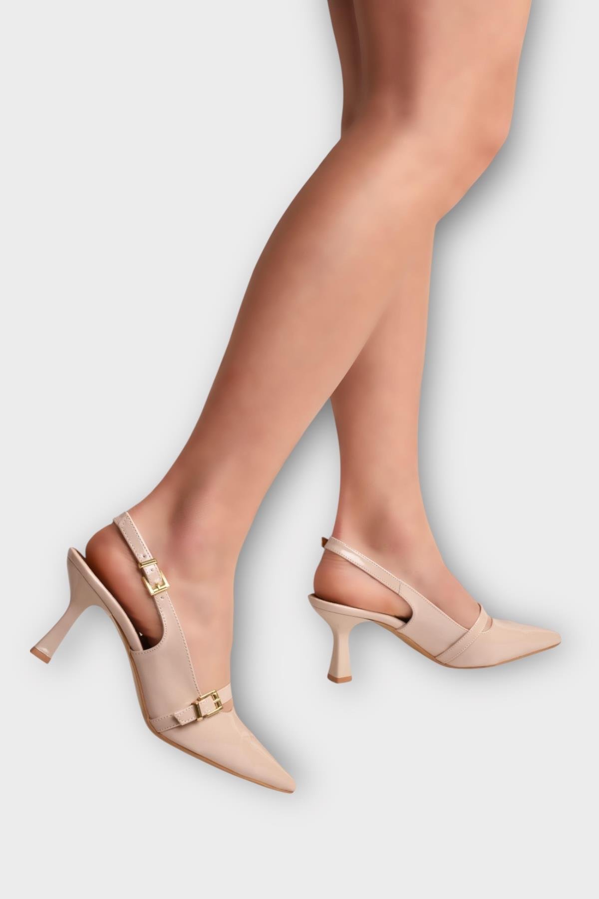 Kadın Tek Bant Tokalı Sivri Burun Arkası Açık Topuklu Ayakkabı BEJ - Görsel 2