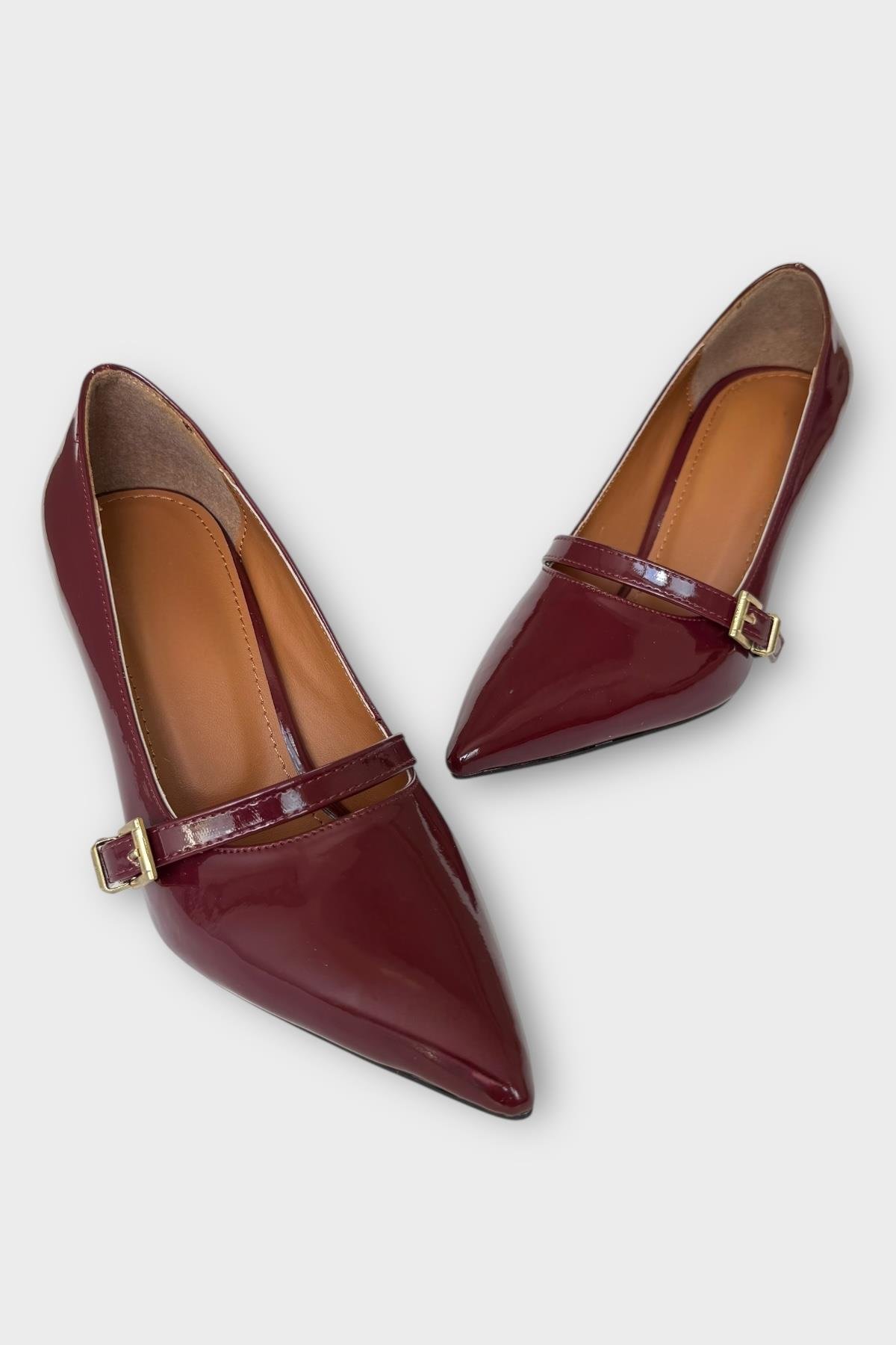 Kadın Tek Bant Tokalı Sivri Burun Topuklu Ayakkabı BORDO - Görsel 5