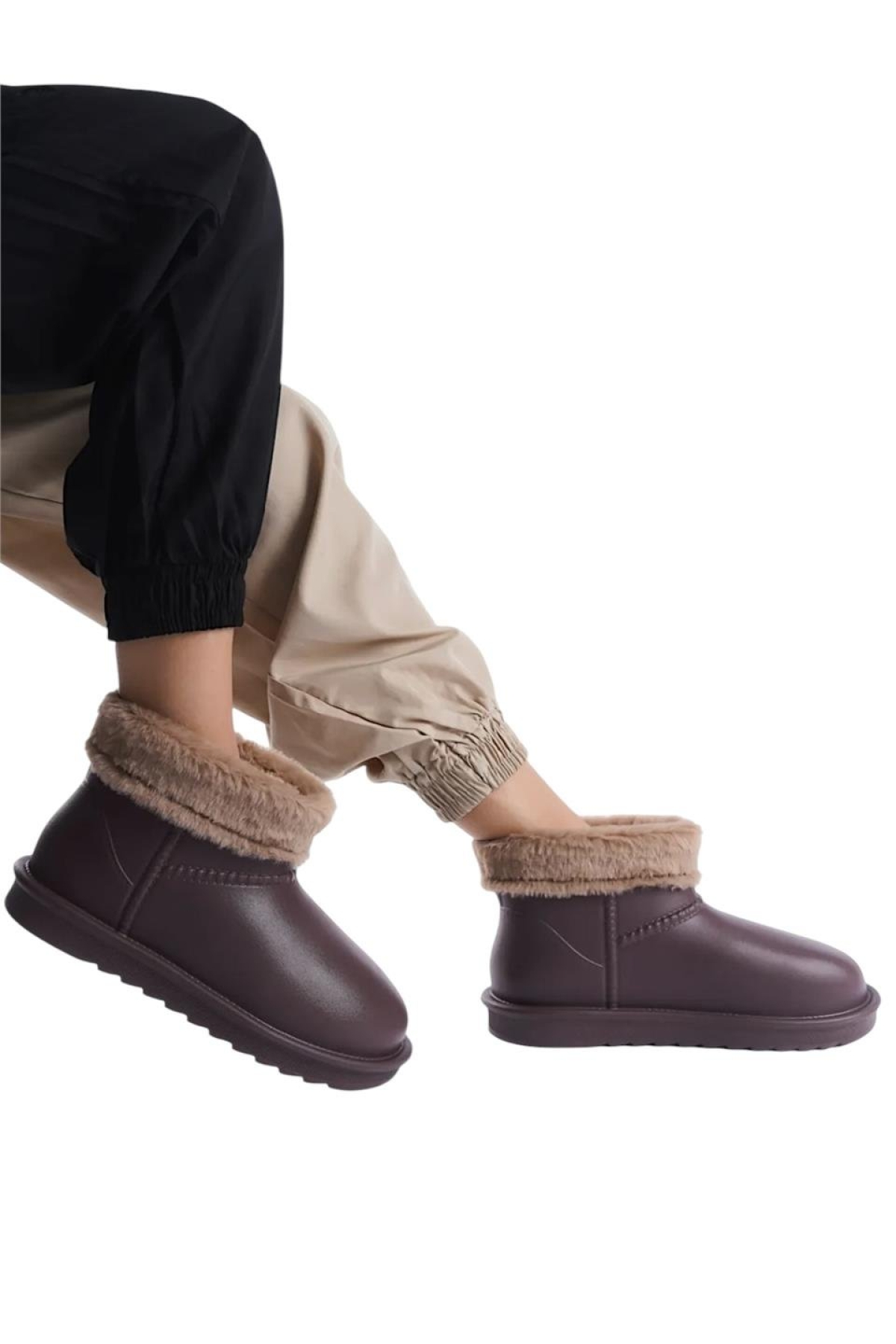 Yuvarlak Burun Kadın Kürklü Kısa Yağmur Botu KAHVERENGİ - Görsel 7