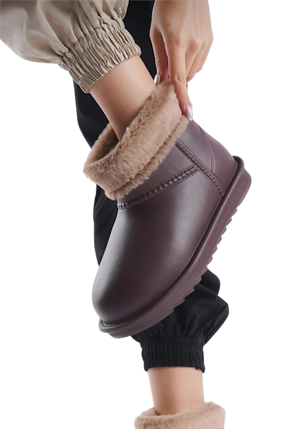 Yuvarlak Burun Kadın Kürklü Kısa Yağmur Botu KAHVERENGİ - Görsel 8