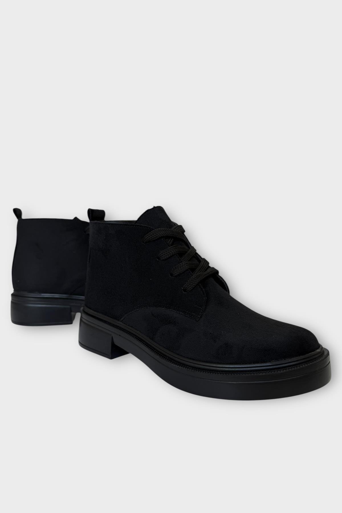 Kadın Nubuk Bağcıklı Yüksek Kauçuk Taban Bot SİYAH - Görsel 3