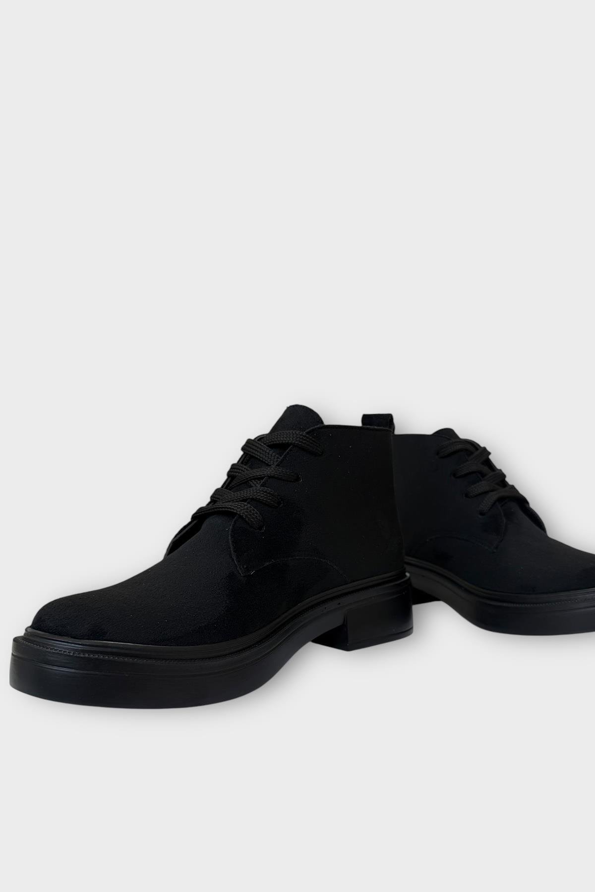 Kadın Nubuk Bağcıklı Yüksek Kauçuk Taban Bot SİYAH - Görsel 4
