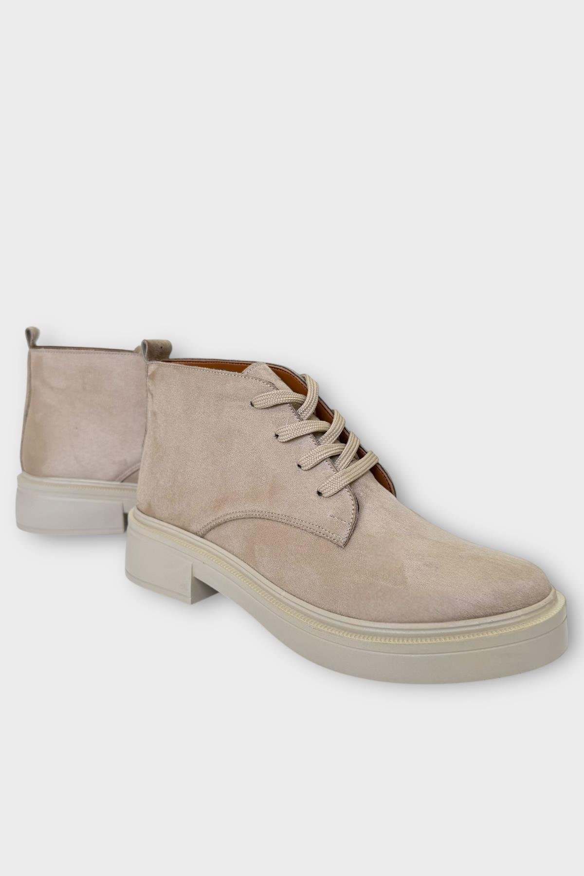 Kadın Nubuk Bağcıklı Yüksek Kauçuk Taban Bot KREM - Görsel 3