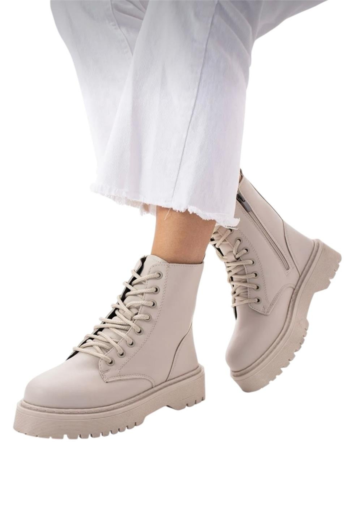 Kadın Fermuarlı Bağcıklı Kalın Taban Kadın Bot KREM - Görsel 2