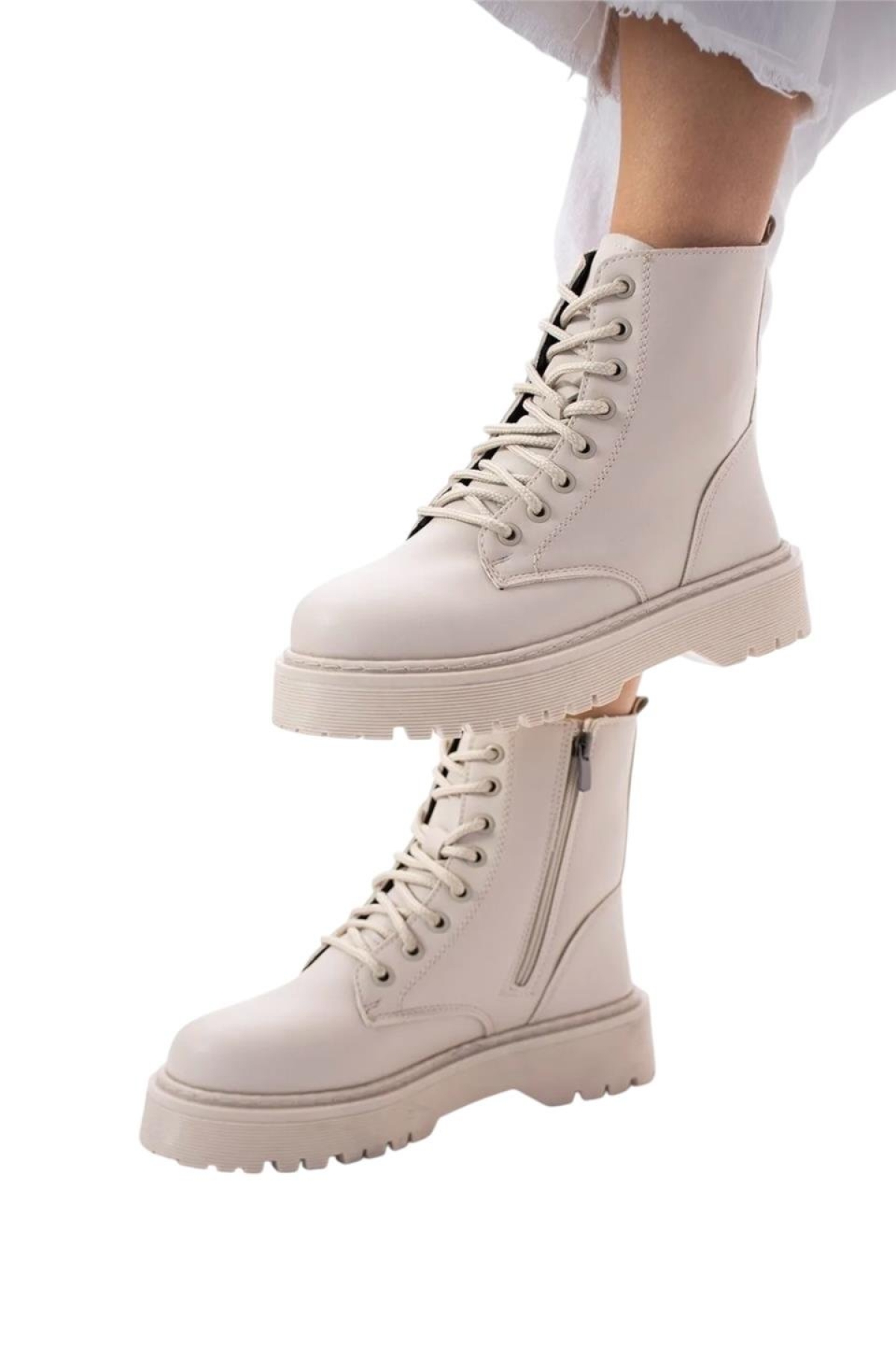 Kadın Fermuarlı Bağcıklı Kalın Taban Kadın Bot KREM - Görsel 3