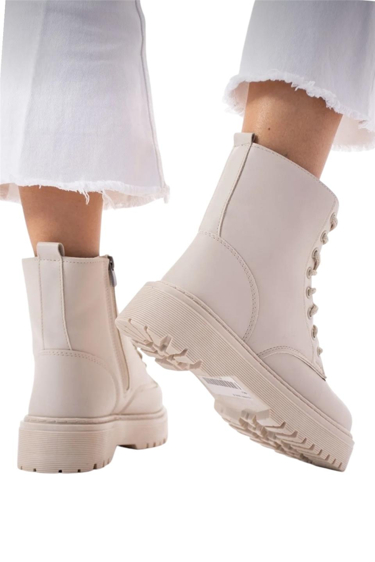 Kadın Fermuarlı Bağcıklı Kalın Taban Kadın Bot KREM - Görsel 4
