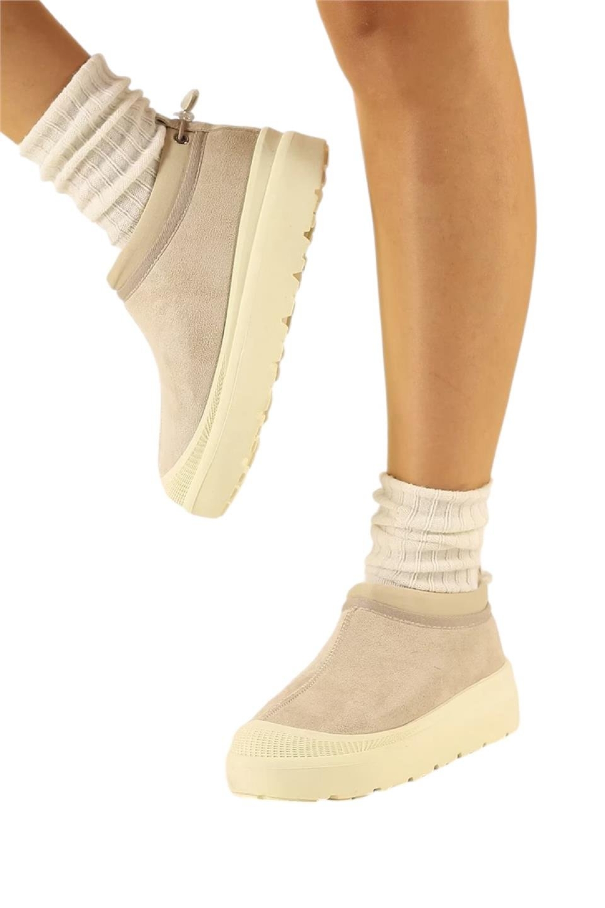 Süet Kalın Taban İçi Kürklü Arkadan Lastikli Kadın Bot BEJ - Görsel 6